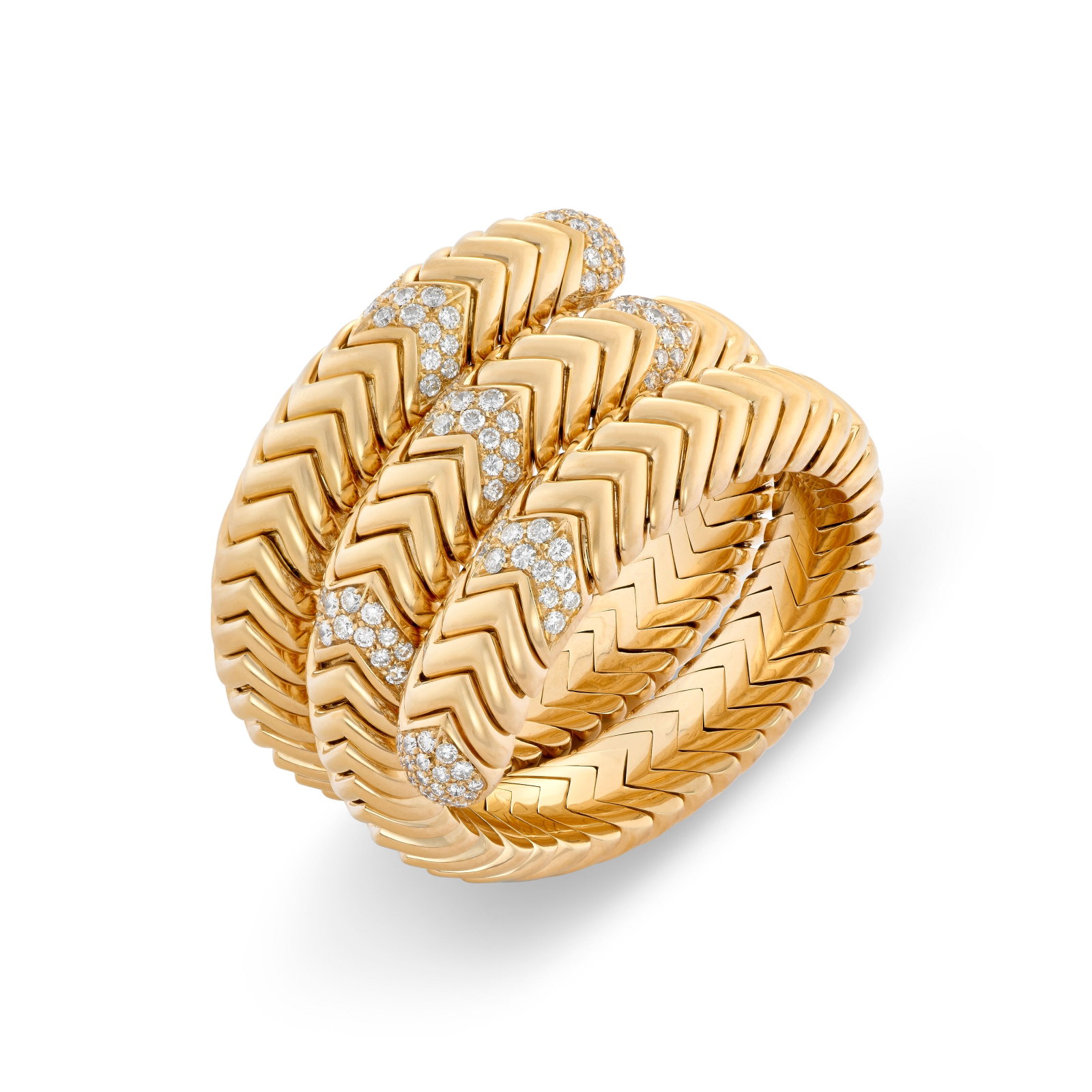BULGARI DIAMOND 'SPIGA' BANGLE: BULGARI DIAMOND 'SPIGA' BANGLE Details Round diamonds, 18k yellow gold (Italian mark), signed Bvlgari, Bulgari case Diamonds: for an approximate total weight of 3.80 - 4.00 carats Size/Dimensions: exp