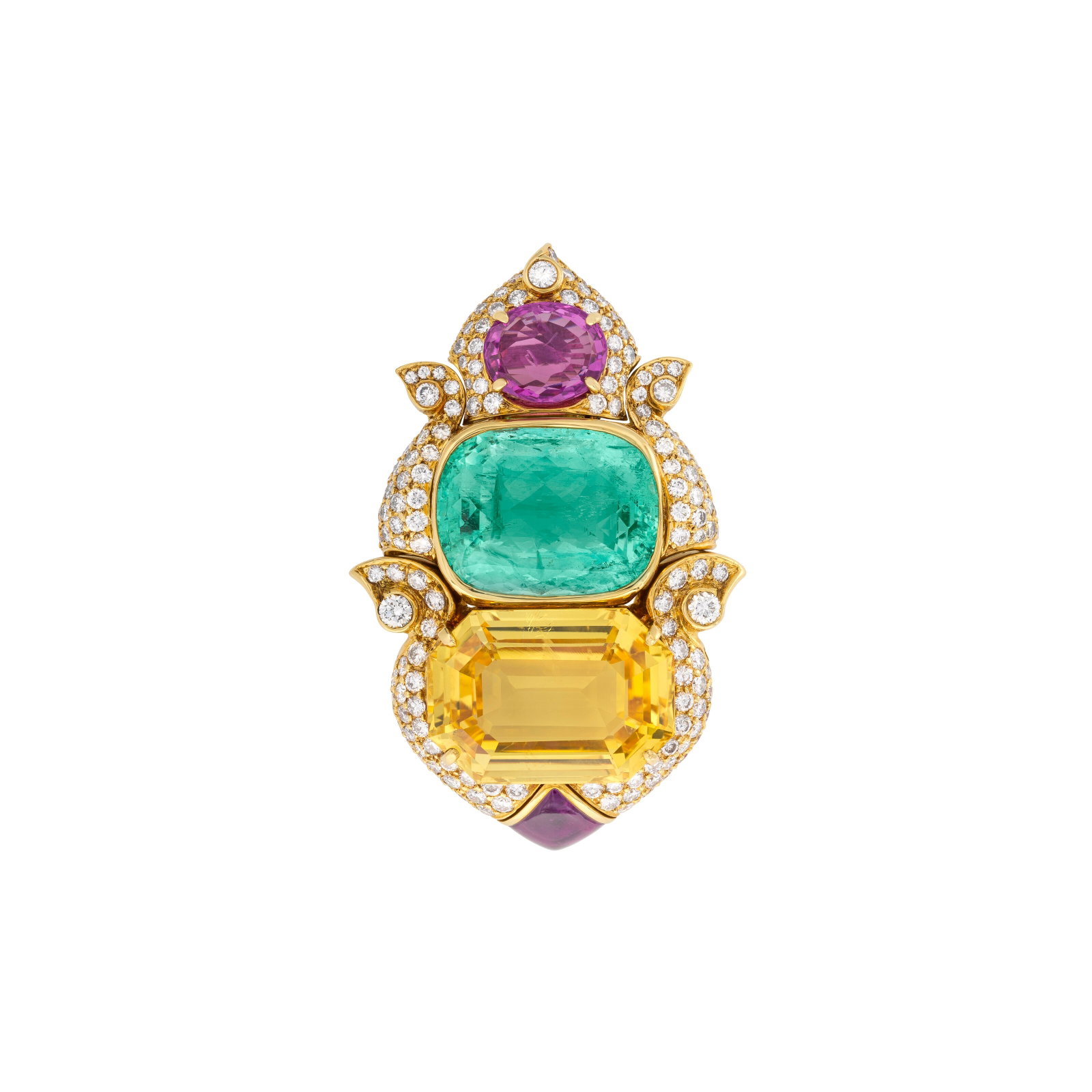 BULGARI MULTI-GEM CLIP-BROOCH: BULGARI MULTI-GEM CLIP-BROOCH Details Oval-shaped pink sapphire, rose-cut emerald, octagonal-shaped yellow sapphire, cabochon amethyst, round diamonds, 18k yellow gold, signed Bvlgari, Bulgari case SS