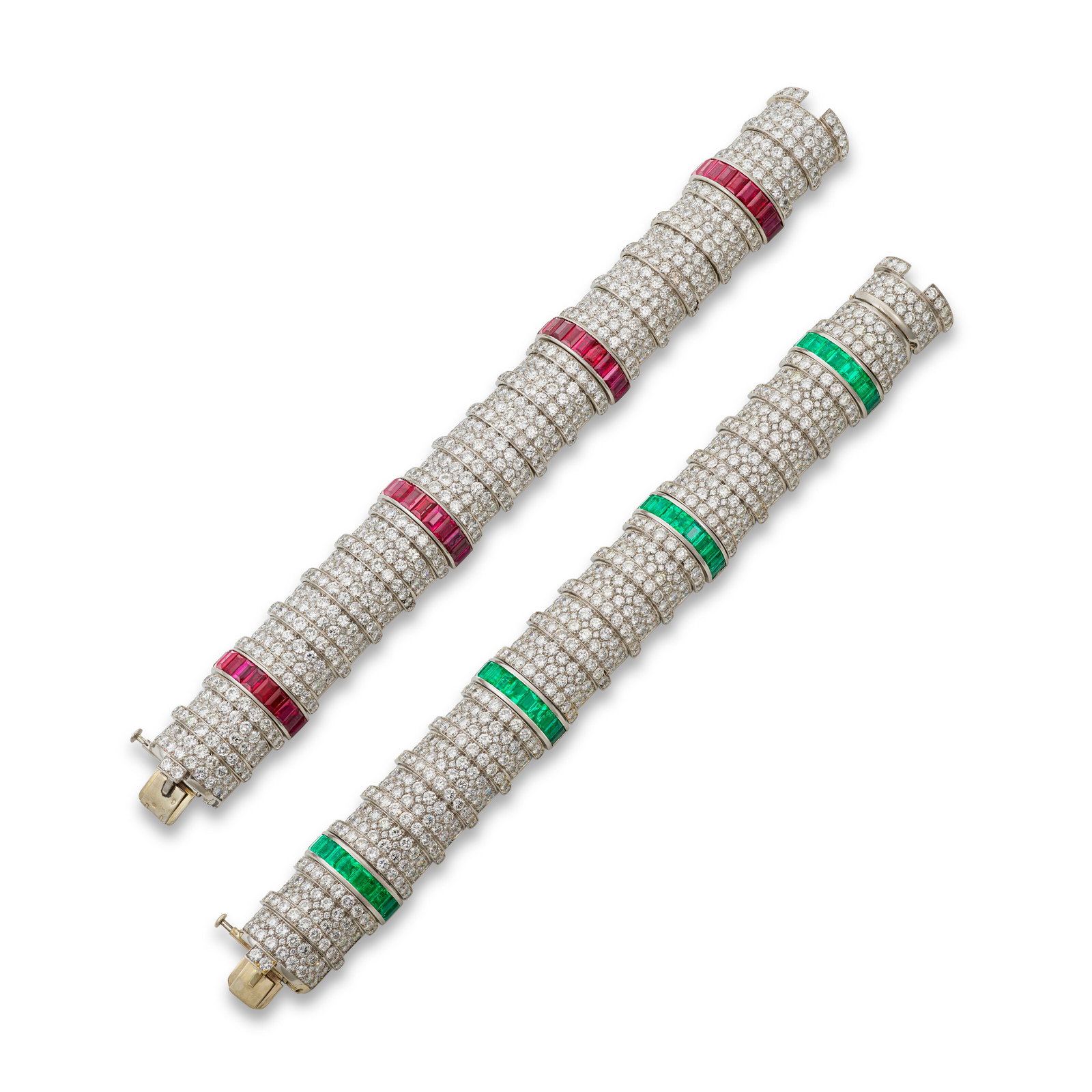 PAIR OF RUBY, EMERALD AND DIAMOND BRACELETS (1 of 2)