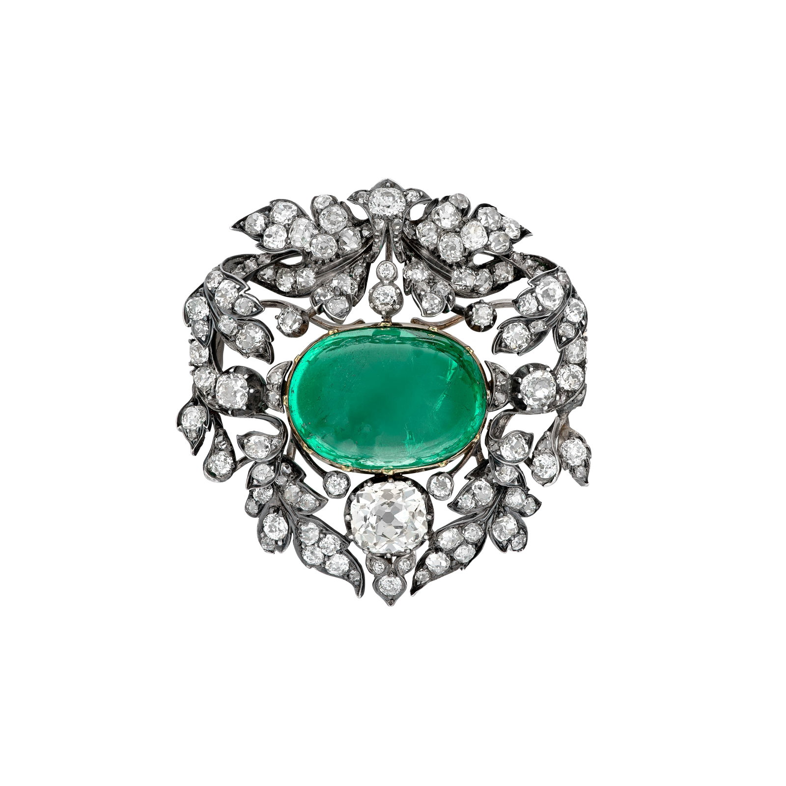 LATE 19TH CENTURY EMERALD AND DIAMOND BROOCH: LATE 19TH CENTURY EMERALD AND DIAMOND BROOCH Details Cabochon emerald, antique and rose-cut diamonds, silver and gold, 1880s SSEF, 2026, report no. 153475: declared weight of 24.83 carats, Colombia, m