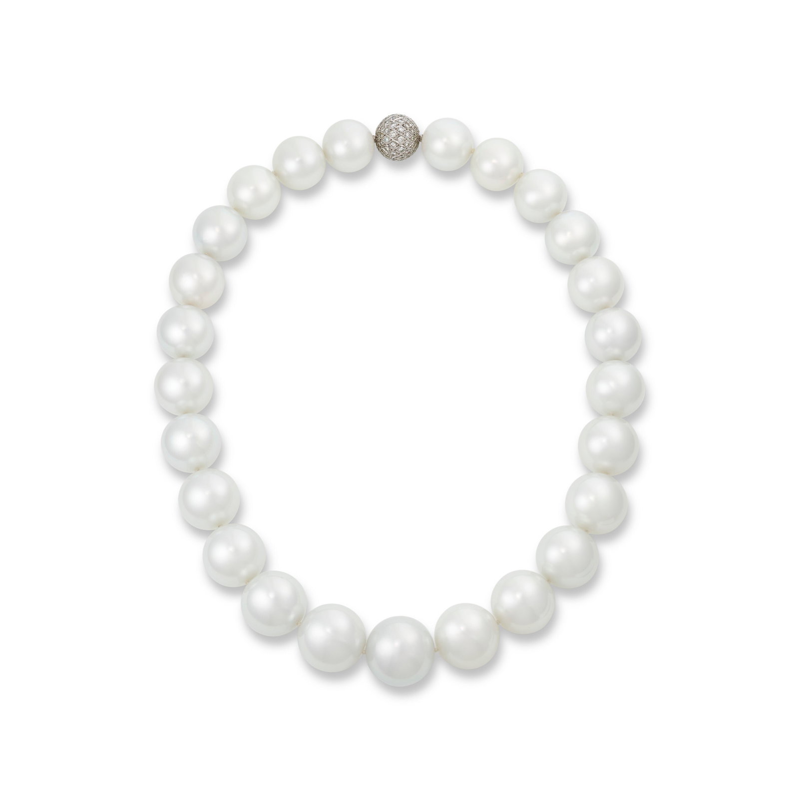 CULTURED PEARL AND DIAMOND NECKLACE: CULTURED PEARL AND DIAMOND NECKLACE Details Cultured pearls ranging from approximately 21.6 to 18.04 mm, round diamonds, 18k white gold Size/Dimensions: 51.4 cm long Gross weight: 267.1 grams Please n