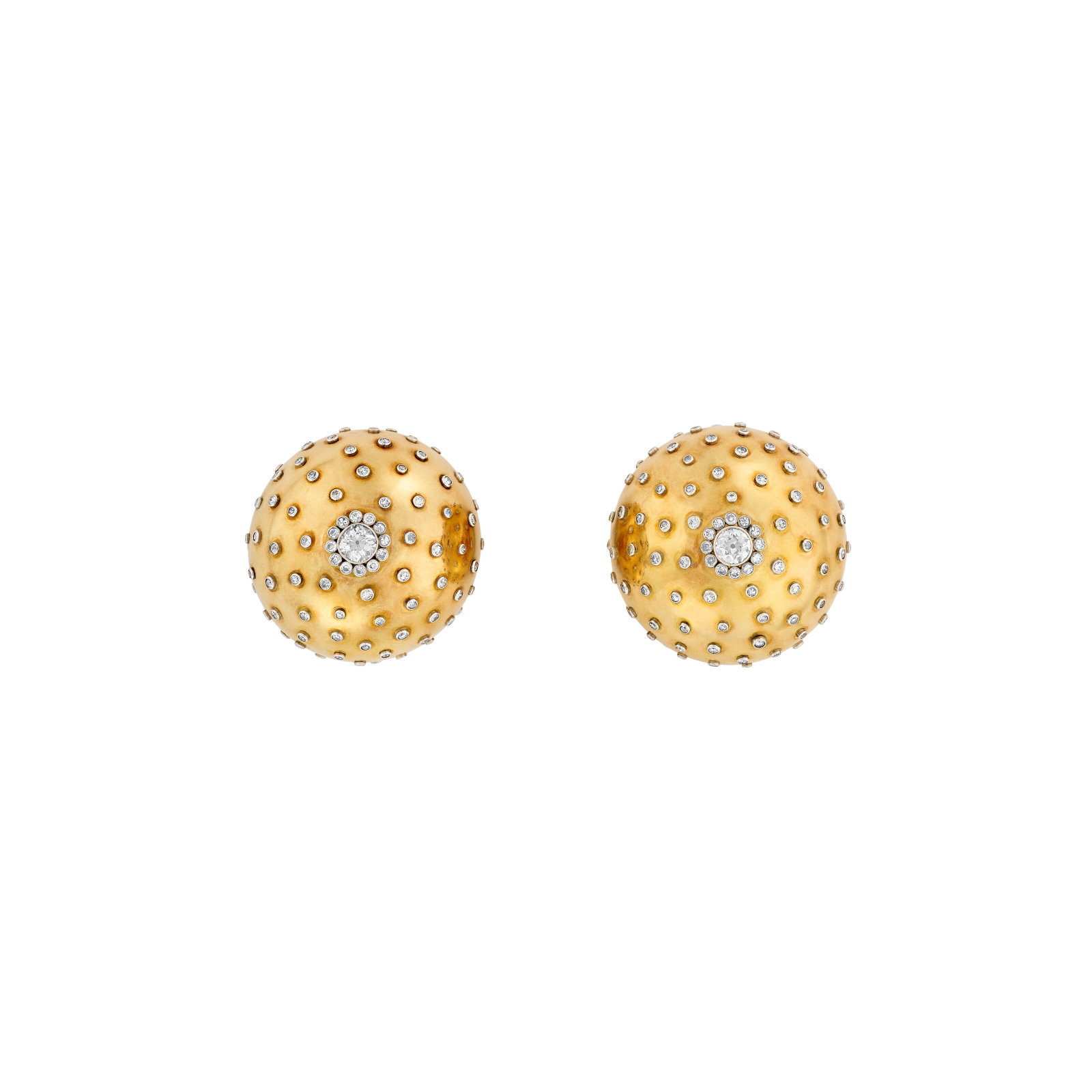 BULGARI PAIR OF RETRO DIAMOND CLIP-BROOCHES: BULGARI PAIR OF RETRO DIAMOND CLIP-BROOCHES Details Round and single-cut diamonds, 18k yellow gold (Italian marks) and platinum, 1940s, signed Bvlgari Size/Dimensions: 5.1 cm high Gross weight: 98.9 g