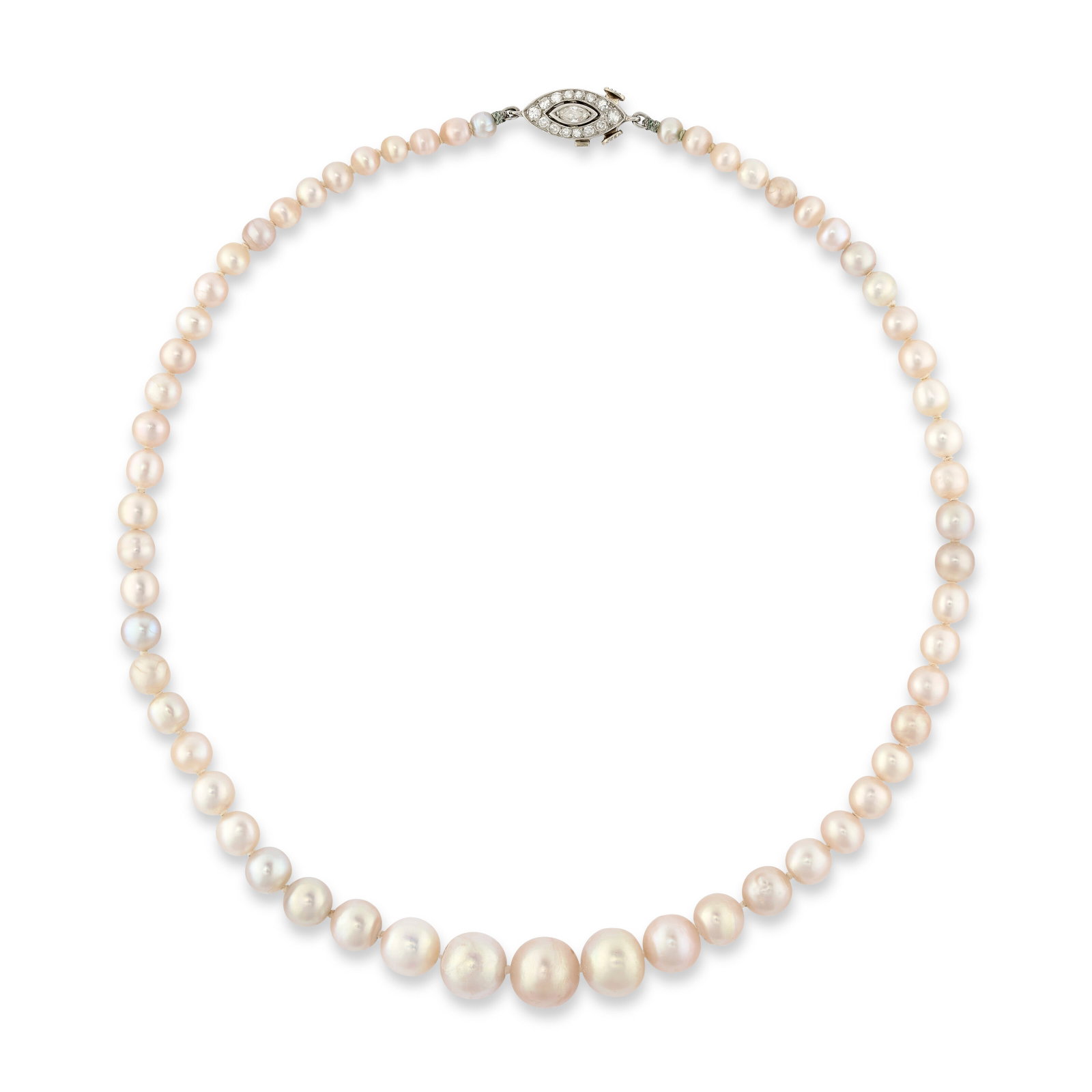 EARLY 20TH CENTURY NATURAL PEARL AND DIAMOND NECKLACE: EARLY 20TH CENTURY NATURAL PEARL AND DIAMOND NECKLACE Details One strand of fifty-nine graduated natural cream pearls ranging approximately from 9.5 to 3.9 mm, marquise-shaped and single-cut diamonds,