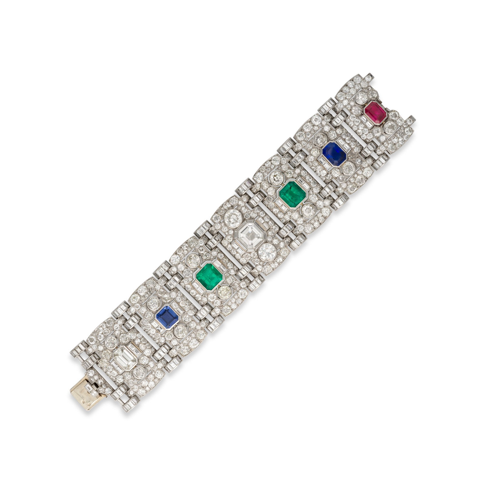MULTI-GEM BRACELET: MULTI-GEM BRACELET Details Octagonal-shaped emeralds, sapphires and ruby, octagonal and rectangular shaped diamonds, tapered baguette, baguette, old-cut diamonds, platinum and white gold (French mark)