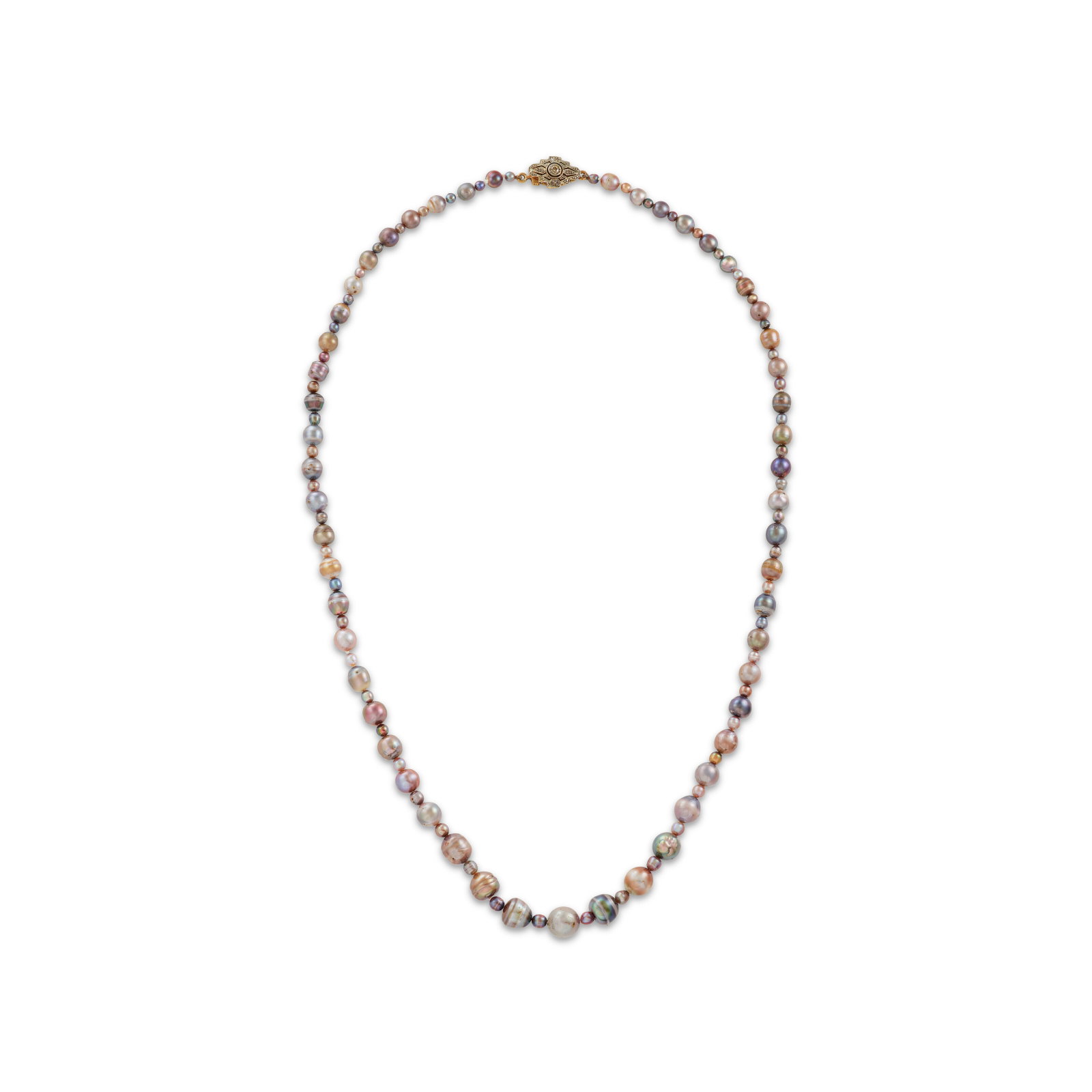 EARLY 20TH CENTURY COLOURED NATURAL PEARL NECKLACE: EARLY 20TH CENTURY COLOURED NATURAL PEARL NECKLACE Details One strand of 107 graduated slightly grey to grey, brown and light yellow natural pearls ranging approximately from 8.60 to 2.90 mm, old and 