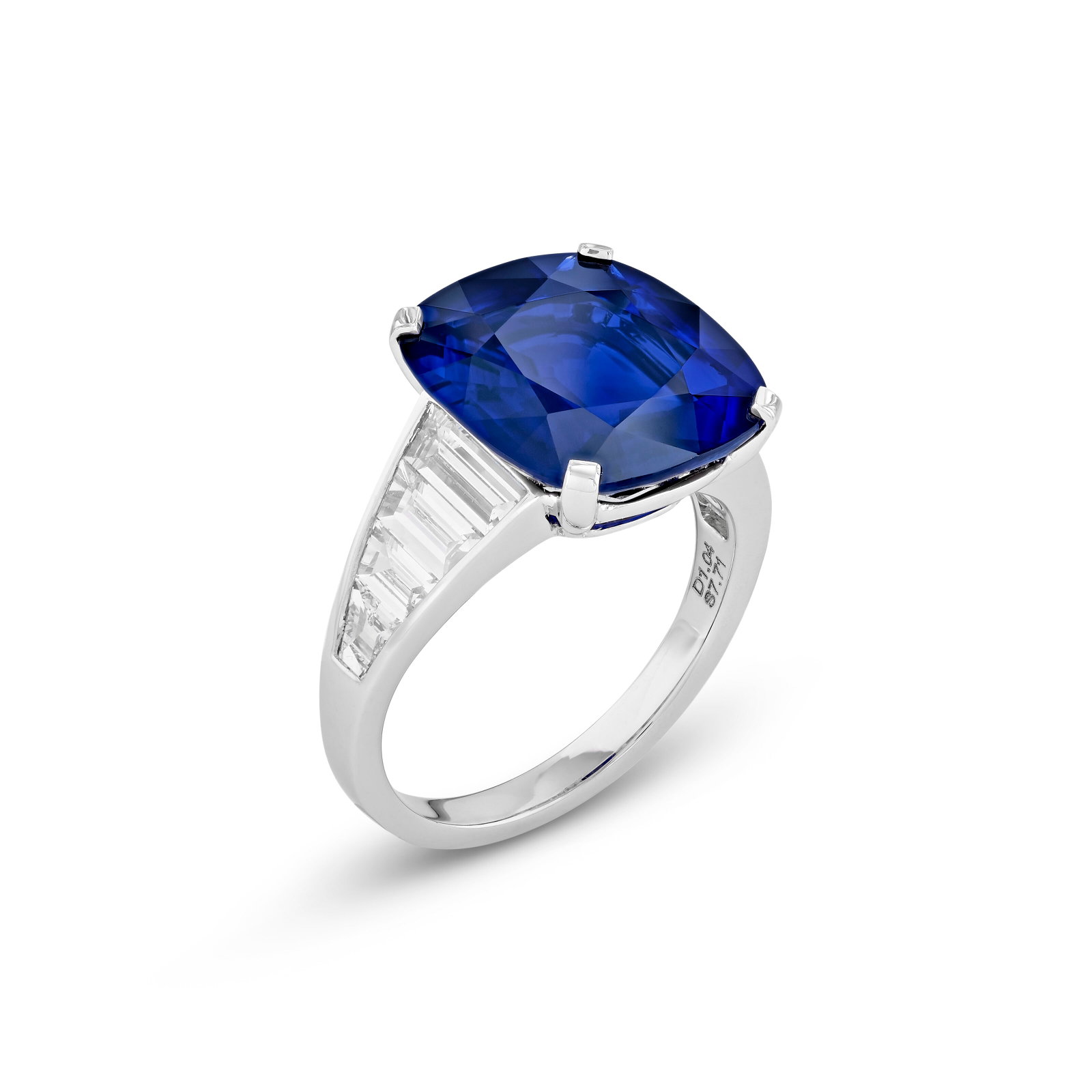 SAPPHIRE AND DIAMOND RING: SAPPHIRE AND DIAMOND RING Details Cushion-shaped sapphire of 7.71 carats, baguette-cut and trapeze-shaped diamonds, 18k white gold AGL, 2023, report no. 1128418: 7.71 carats, Madagascar, no gemologica