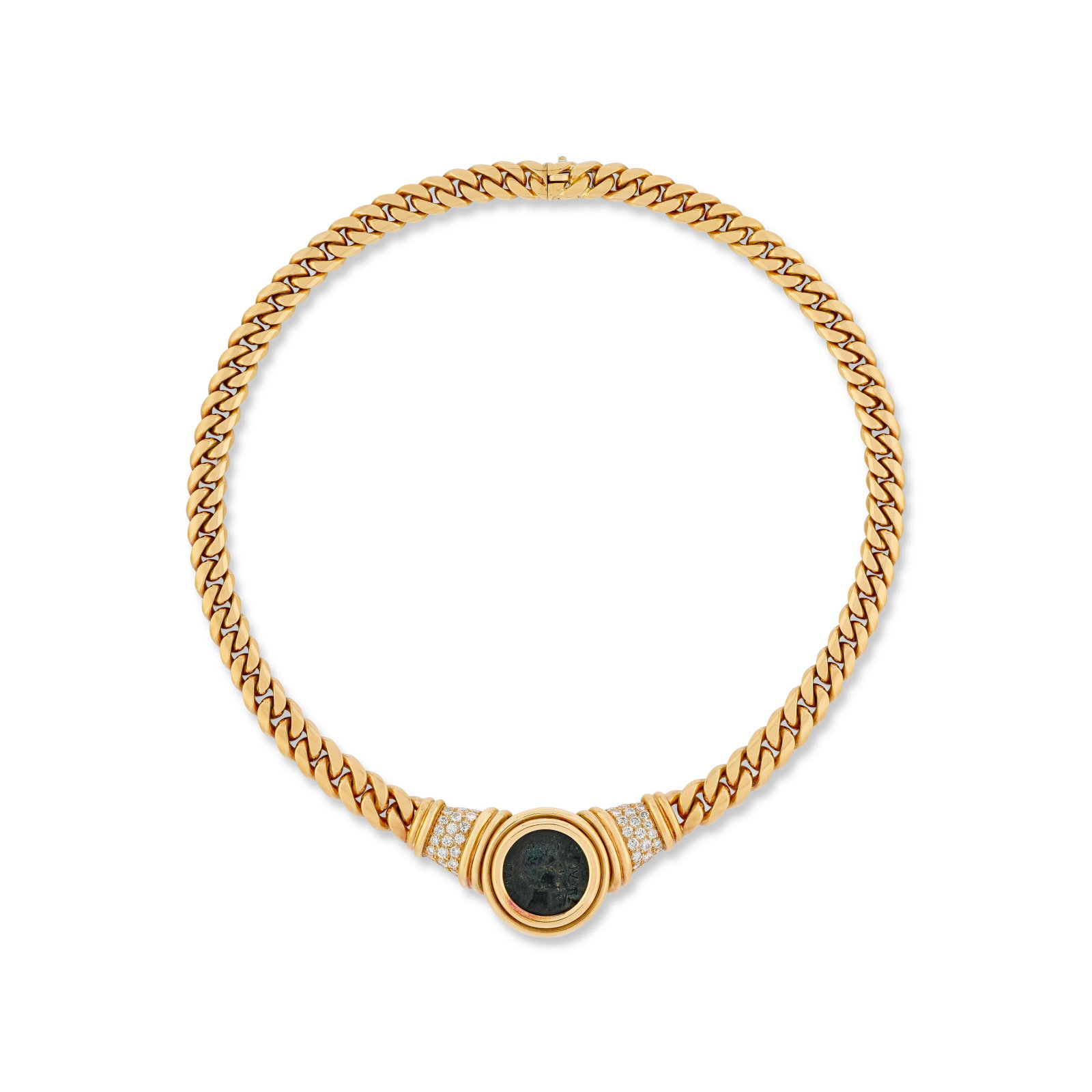 BULGARI DIAMOND 'MONETE' NECKLACE: BULGARI DIAMOND 'MONETE' NECKLACE Details Ancient coin, round diamonds, 18k yellow gold (French marks), signed Bvlgari, numbered, Bulgari pouch Size/Dimensions: 39.0 cm long Gross weight: 109.1 grams