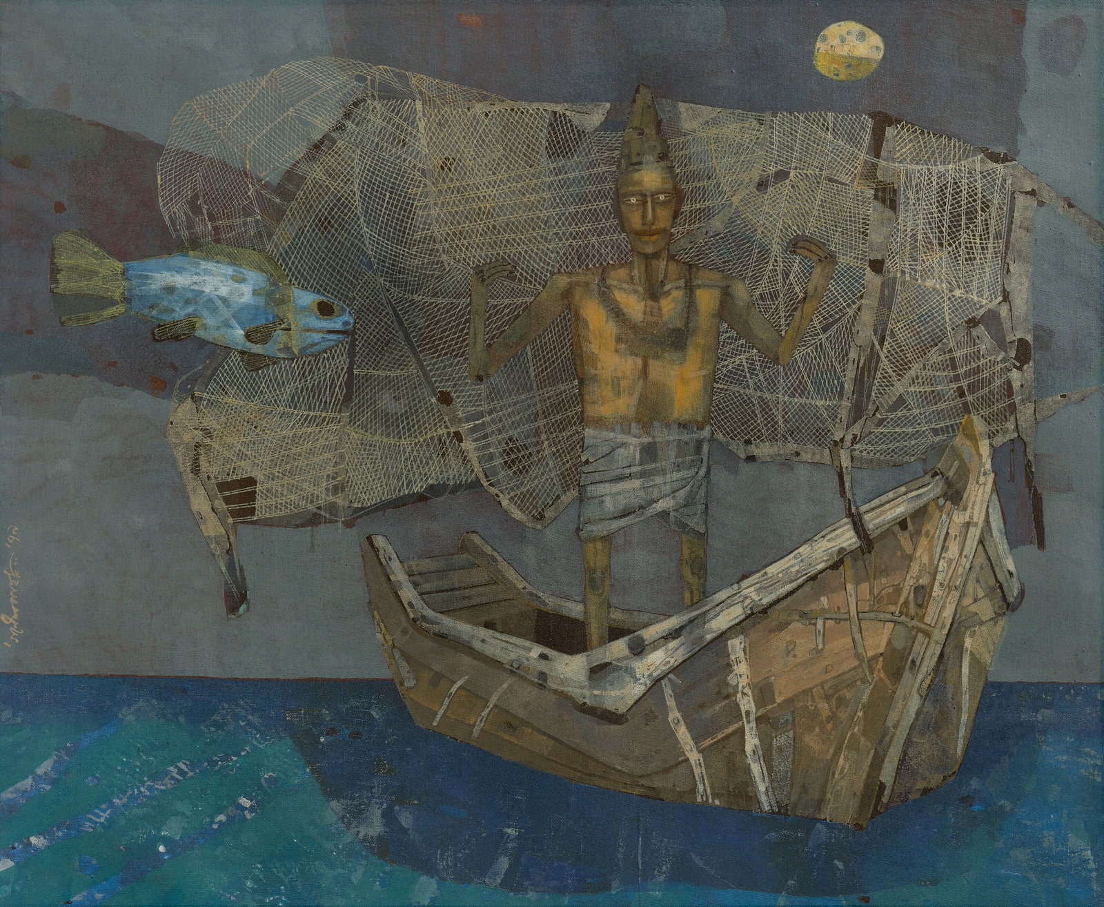 GANESH PYNE (1937-2013) The Fisherman: Details GANESH PYNE (1937-2013) The Fisherman signed and dated in Bengali (lower left) tempera on canvas 18 ¼ x 21 ¾ in. (46.3 x 55.2 cm.) Painted in 1979 Provenance Acquired from the artist