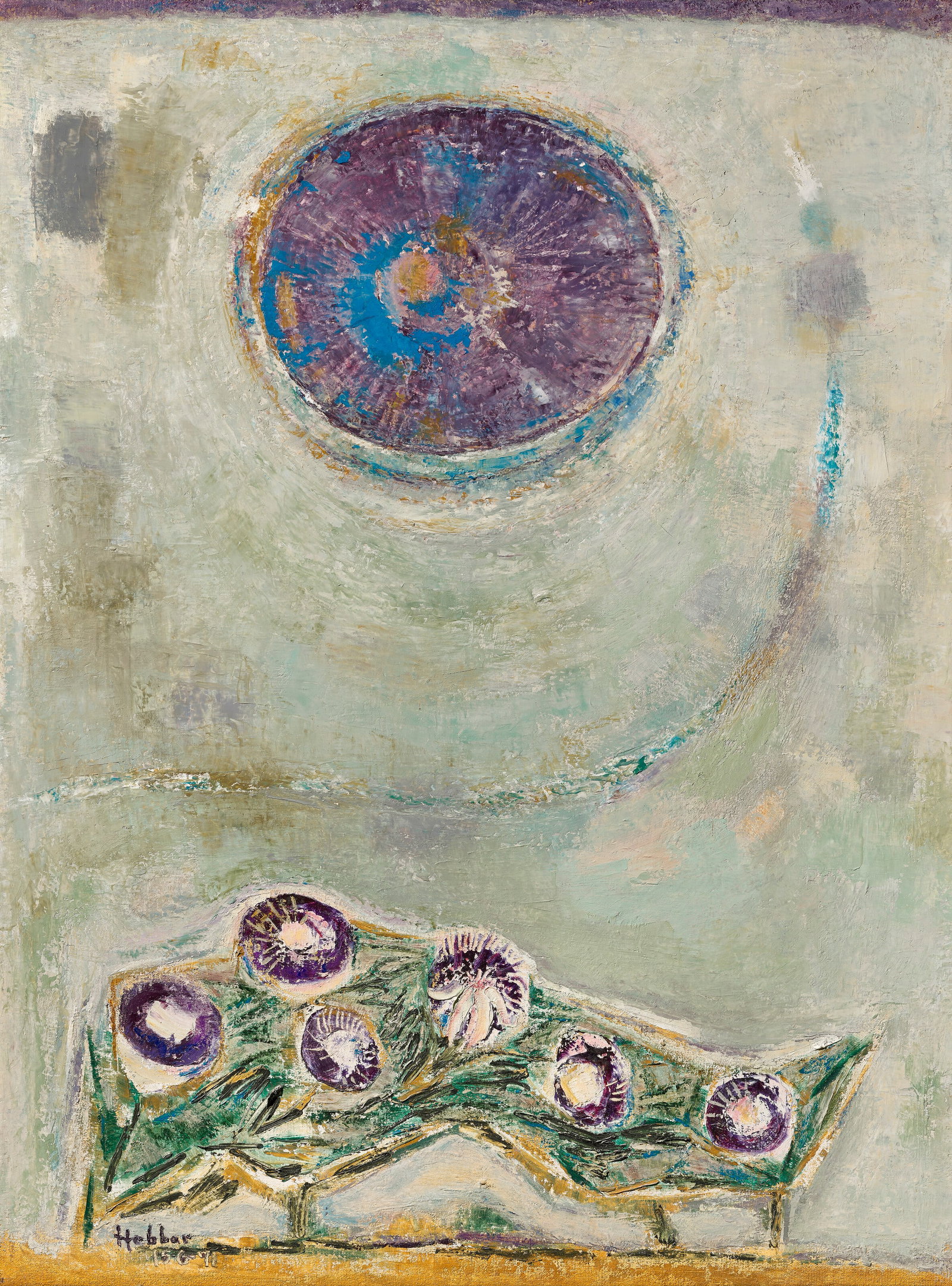 KATTINGERI KRISHNA HEBBAR (1911-1996) Morning Glory: Details KATTINGERI KRISHNA HEBBAR (1911-1996) Morning Glory signed and dated 'Hebbar 15 6-71' (lower left); further inscribed and titled 'K.K. HEBBAR / MORNING GLORY' (on the reverse) oil on canvas 40