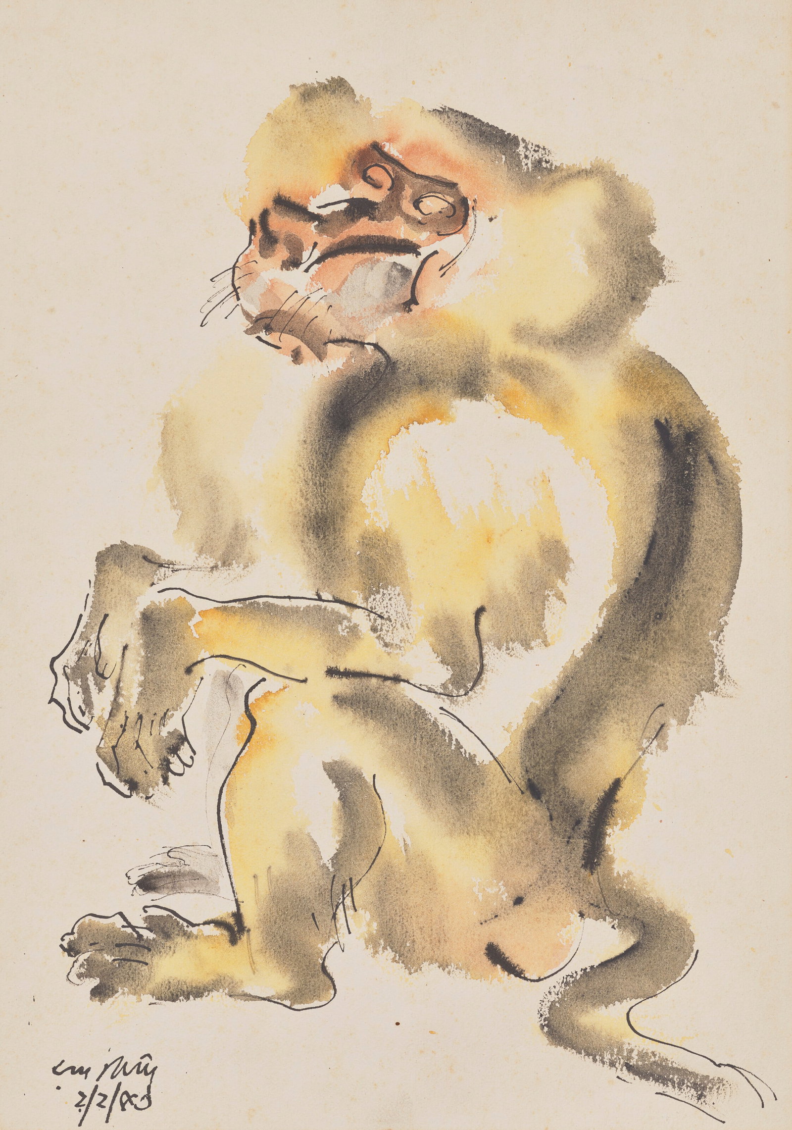 RAMKINKAR BAIJ (1910-1980) Untitled (Macaque): Details RAMKINKAR BAIJ (1910-1980) Untitled (Macaque) signed and dated in Bengali (lower left) watercolour on paper 17 ¼ x 12 ¼ in. (43.8 x 31.1 cm.) Executed in 1953 Provenance Sotheby's Lo