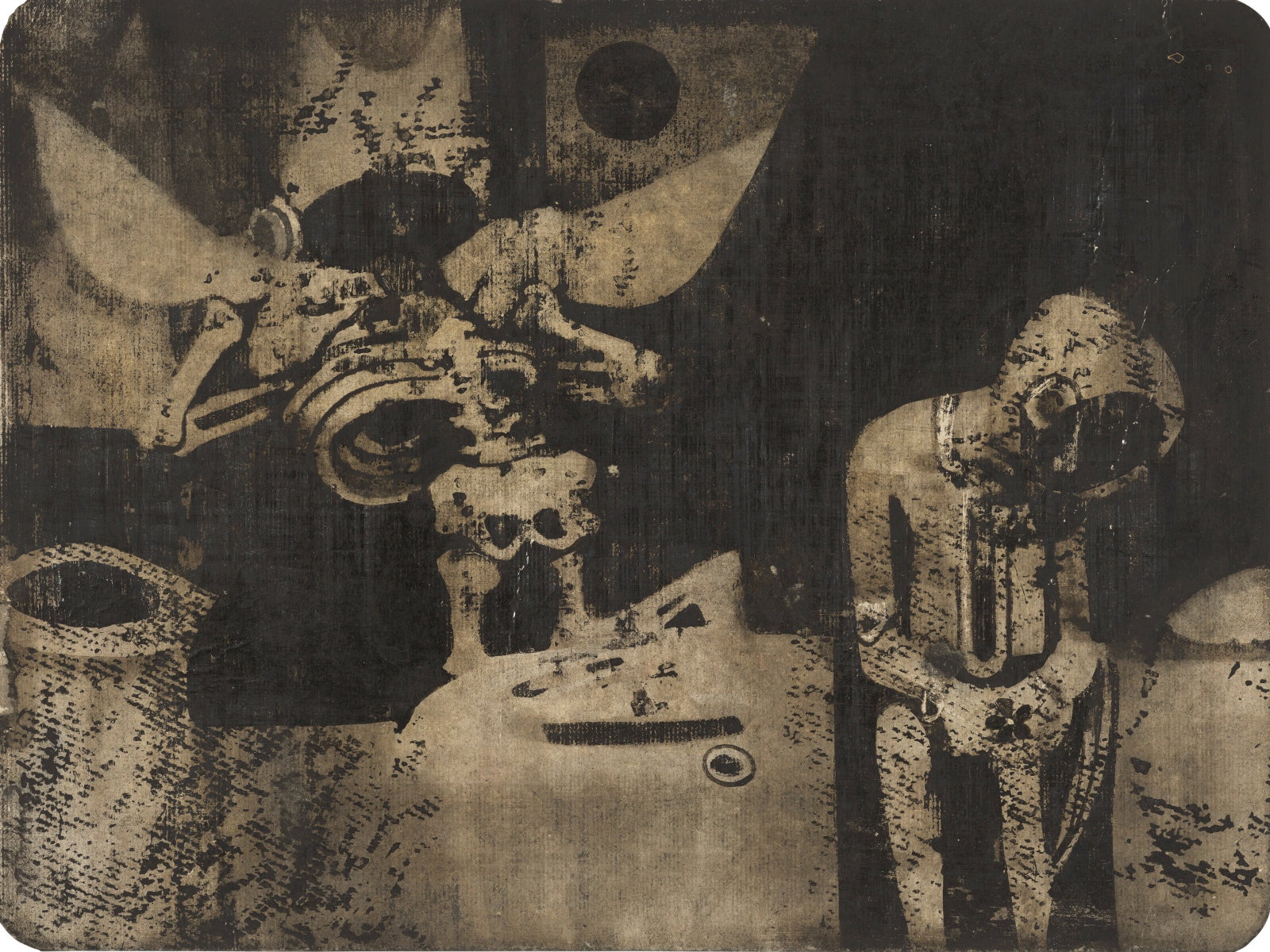 GANESH PYNE (1937-2013) Untitled: Details GANESH PYNE (1937-2013) Untitled signed indistinctly in Bengali (upper right) tempera, ink and wash on paper 4 ½ x 5 7⁄8 in. (11.4 x 14.9 cm.) Executed circa mid-1960s Provenance Th