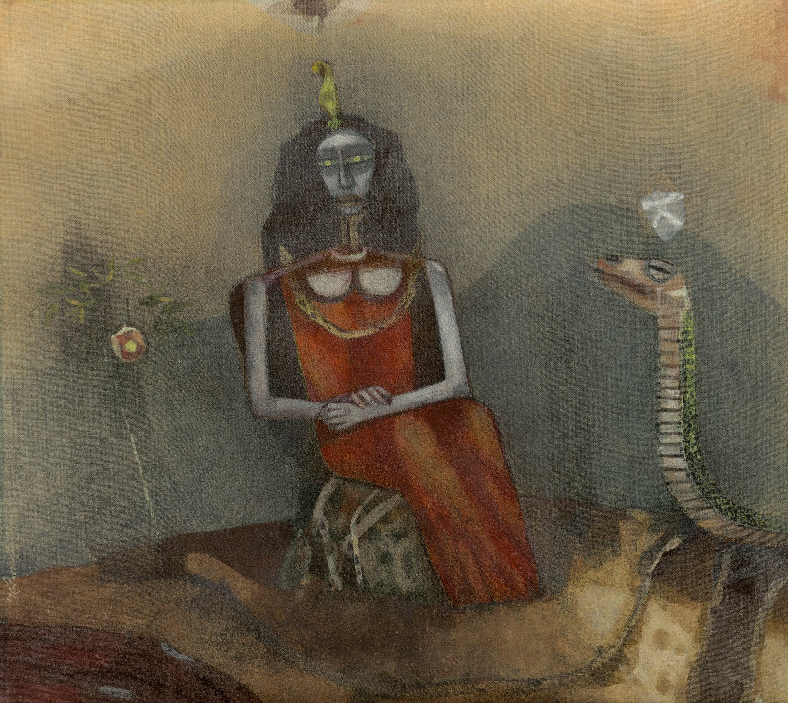 GANESH PYNE (1937-2013) Woman, the Serpent: Details GANESH PYNE (1937-2013) Woman, the Serpent signed and dated in Bengali (lower left) tempera on canvas 19 5⁄8 x 21 7⁄8 in. (49.8 x 55.6 cm.) Painted in 1975 Provenance Acquired from