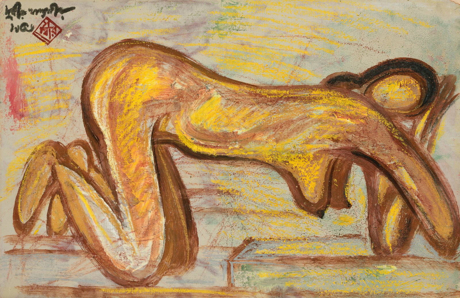 SUDHIR RANJAN KHASTGIR (1907-1974) Untitled (Nude): Details SUDHIR RANJAN KHASTGIR (1907-1974) Untitled (Nude) signed and dated in Bengali with artist's seal (upper left) mixed media on canvas board 12 ½ x 19 ¼ in. (31.6 x 48.9 cm.) Provenanc
