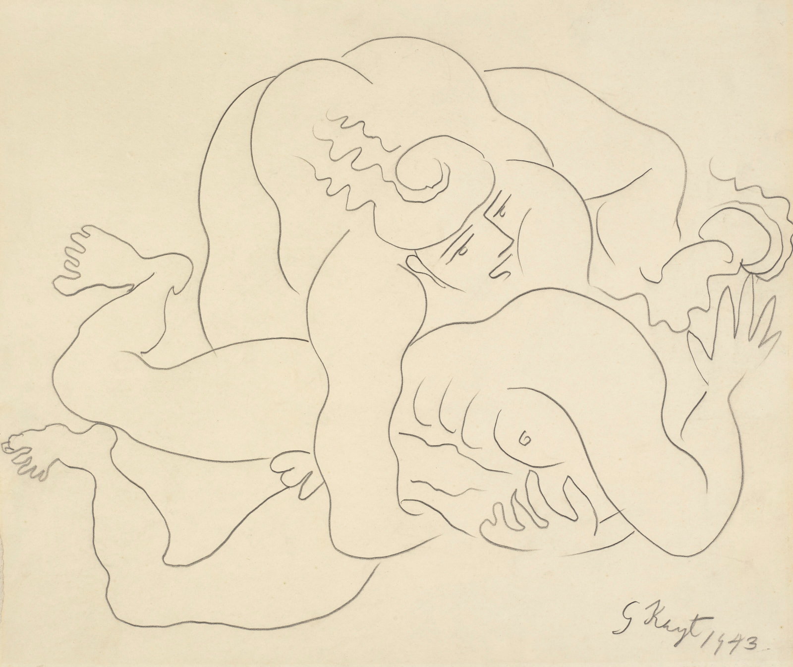 GEORGE KEYT (1901-1993) Bhima and Jarasandha: Details GEORGE KEYT (1901-1993) Bhima and Jarasandha signed and dated 'G Keyt 1943' (lower right) pencil on paper 16 ¾ x 19 ¾ in. (42.5 x 50.2 cm.) Executed in 1943 Provenance Acquired direc
