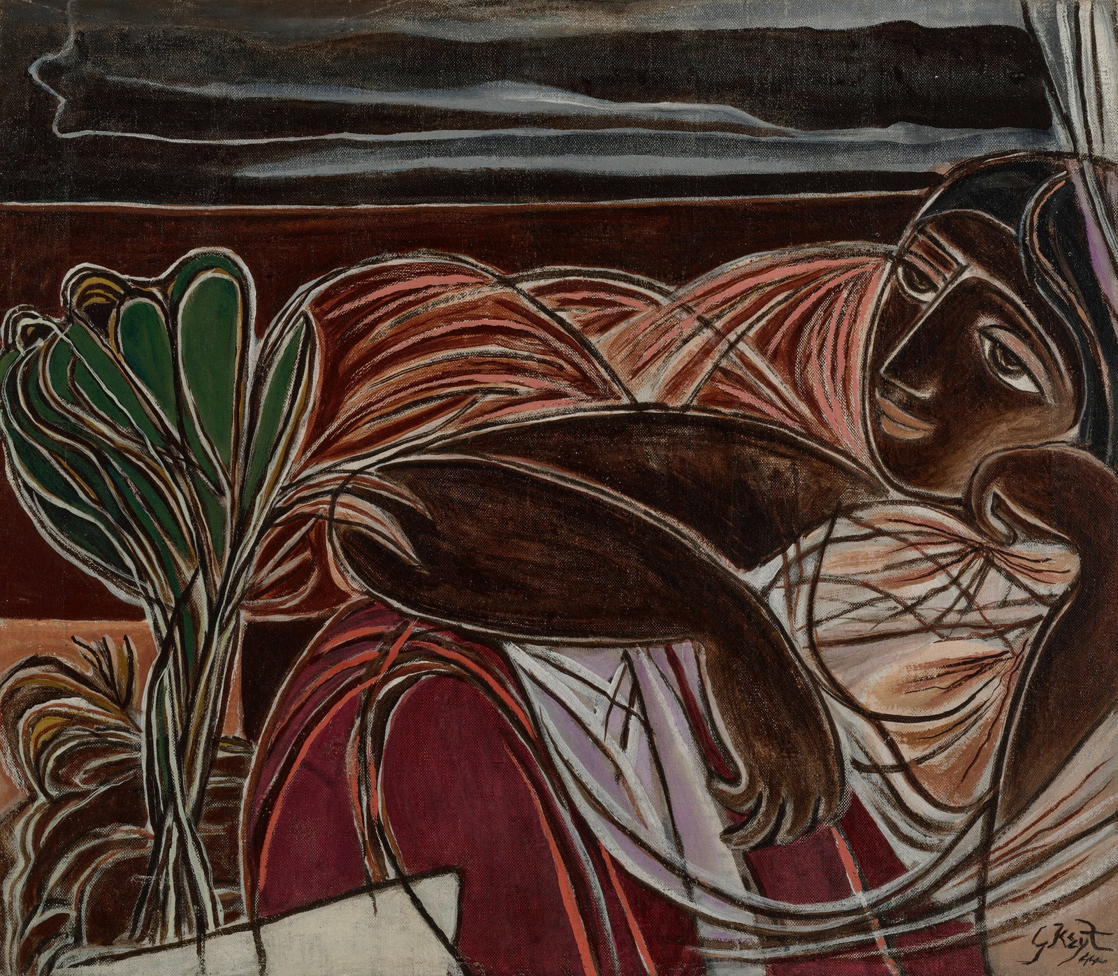 GEORGE KEYT (1901-1993) Untitled (Recumbant Woman): Details GEORGE KEYT (1901-1993) Untitled (Recumbant Woman) signed and dated 'G Keyt 44' (lower right) oil on canvas 24 x 28 in. (61 x 71.1 cm.) Painted in 1944 Provenance Acquired directly from the ar