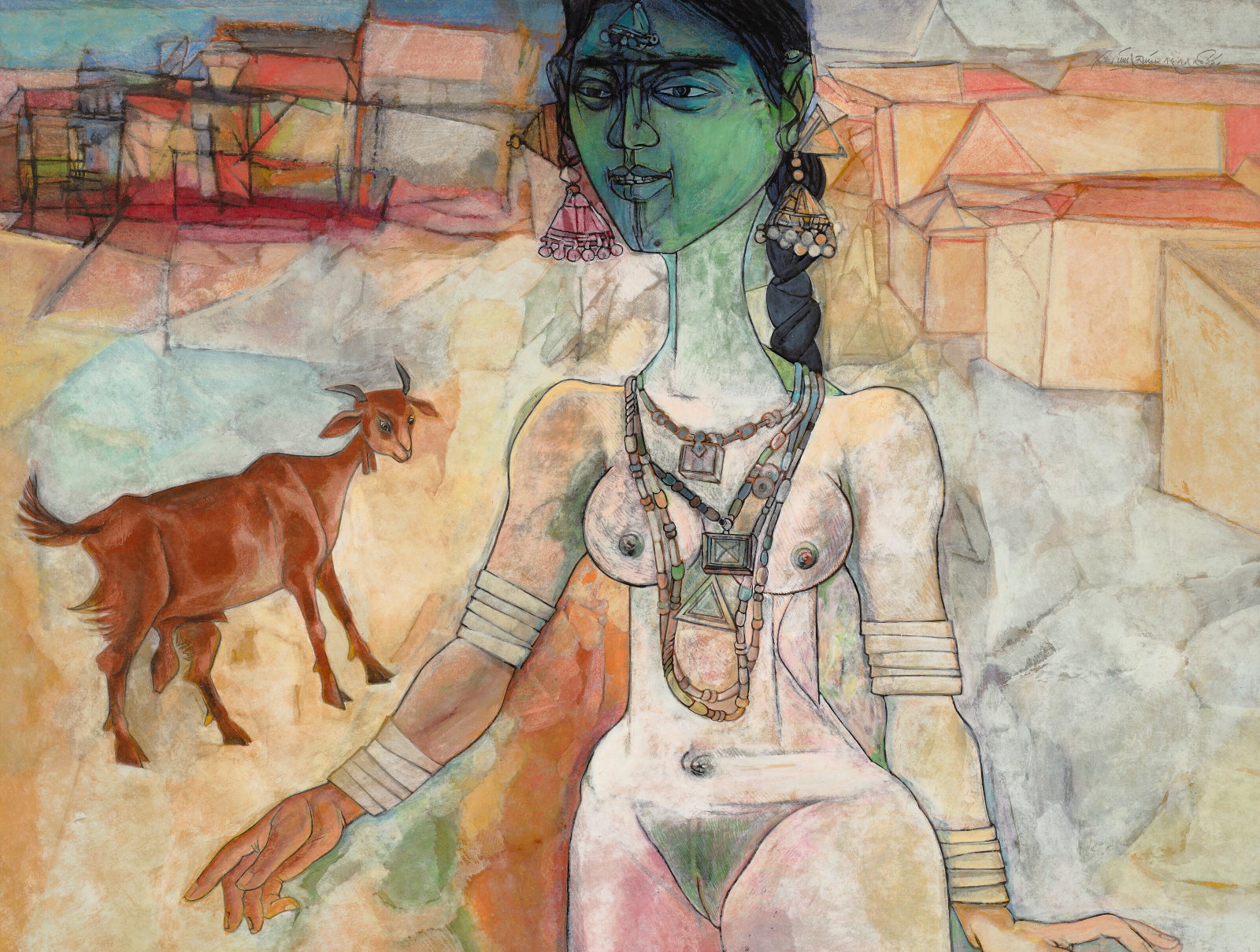 K. LAXMA GOUD (B. 1940) Untitled (Woman and Goat): Details K. LAXMA GOUD (B. 1940) Untitled (Woman and Goat) signed and dated in Telugu (upper right) watercolour, pastel and pencil on paper 18 x 23 in. (45.7 x 58.4 cm.) Executed in 1988 Provenance The