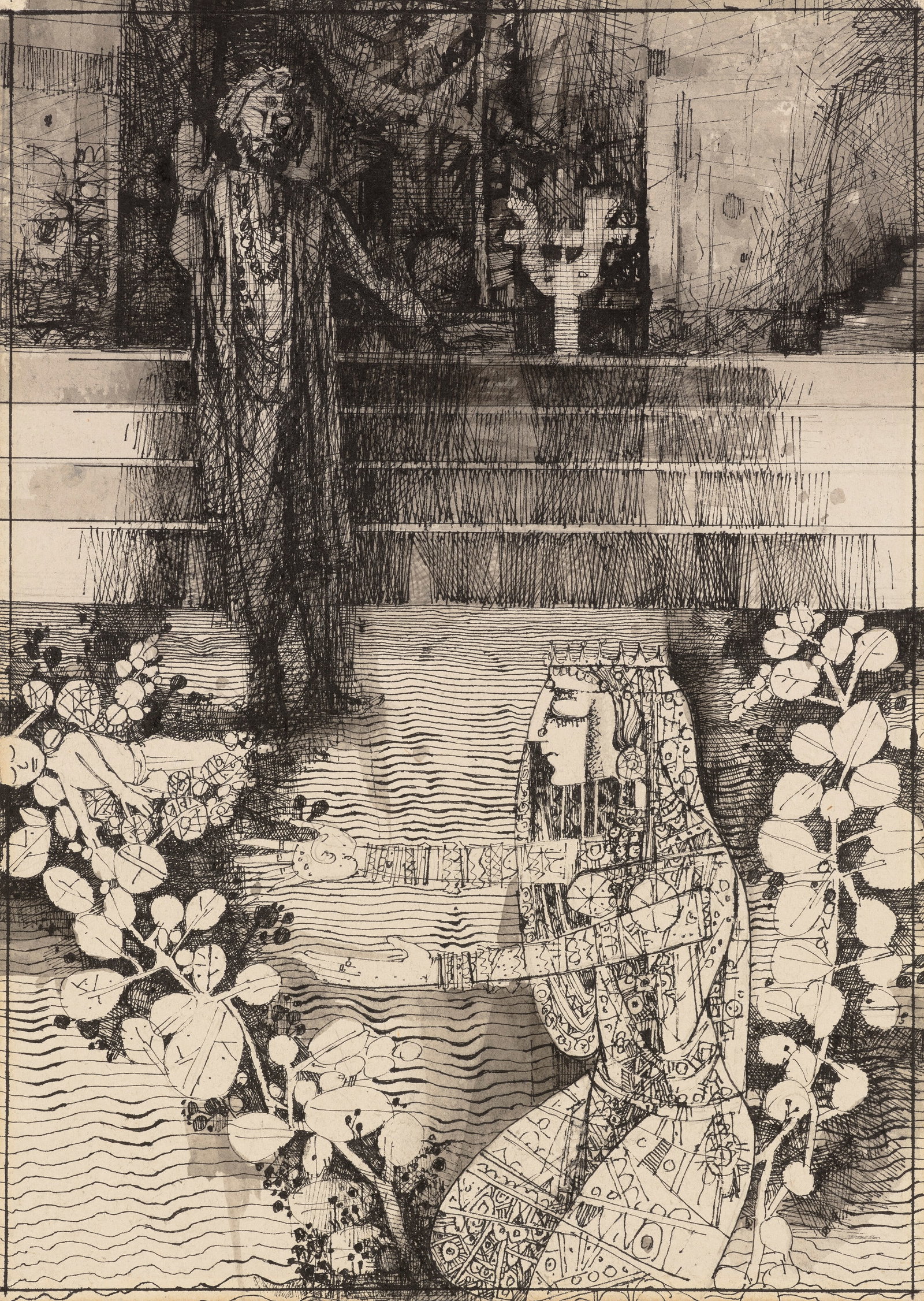 SHYAMAL DUTTA RAY (1934-2005) Gunavati and Raghupati (Visarjan Series): Details SHYAMAL DUTTA RAY (1934-2005) Gunavati and Raghupati (Visarjan Series) inscribed and titled in Bengali (on the reverse) watercolour and ink on paper 14 1⁄8 x 10 1⁄8 in. (35.9 x 25.