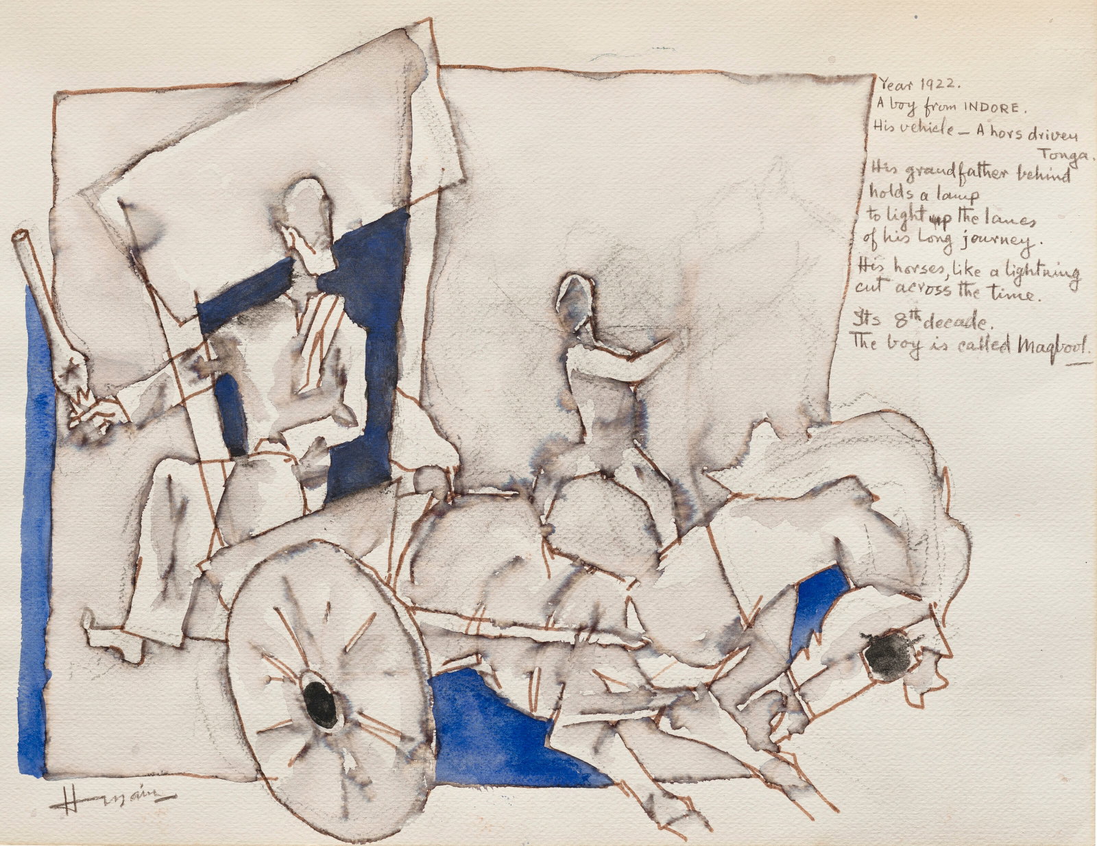 MAQBOOL FIDA HUSAIN (1913-2011) Untitled (A Boy From Indore): Details MAQBOOL FIDA HUSAIN (1913-2011) Untitled (A Boy From Indore) signed 'Husain' (lower left) and inscribed (upper right) watercolour, coloured pencil and charcoal on paper 18 x 23 5⁄8 in. (
