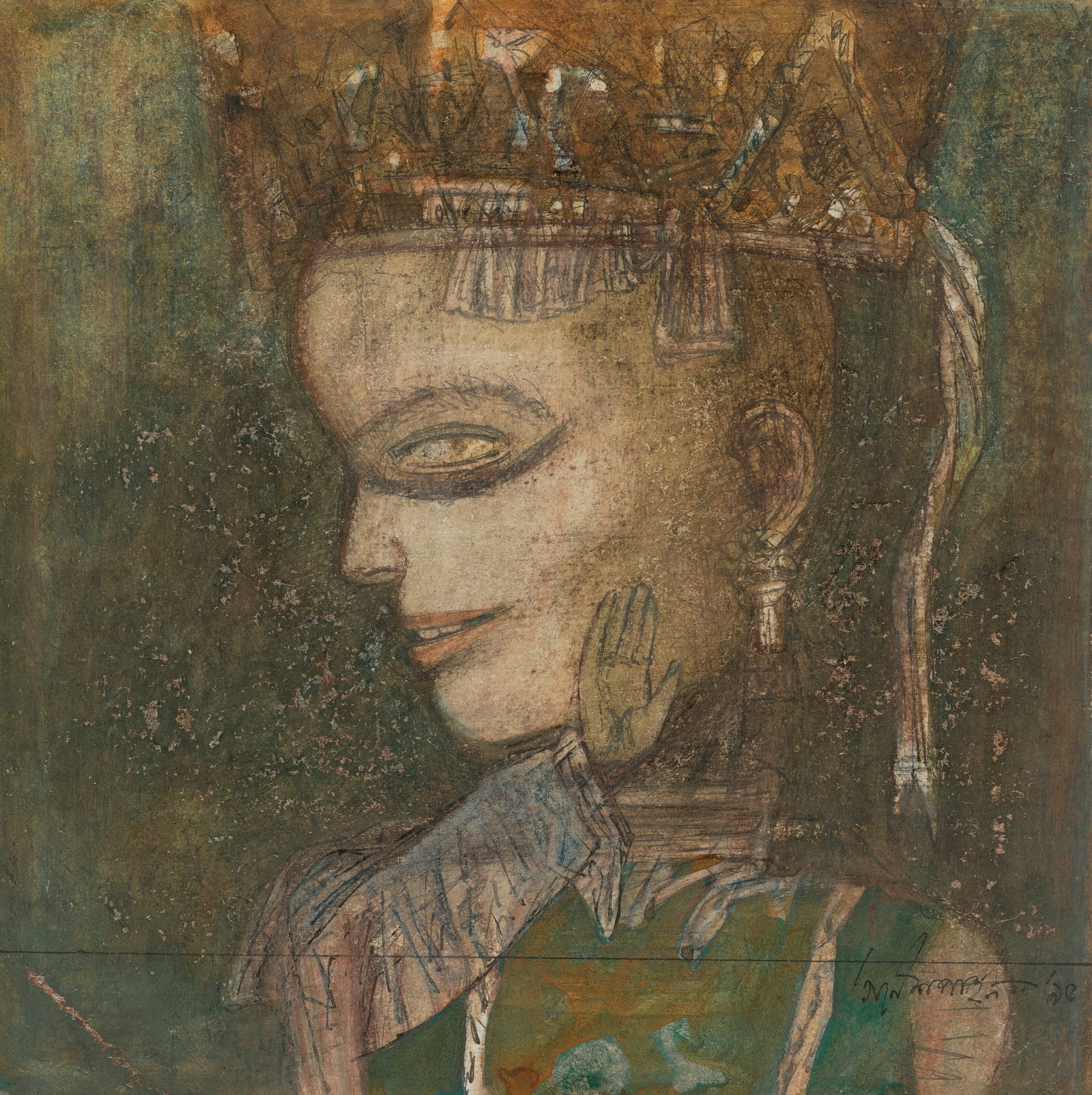 GANESH PYNE (1937-2013) Untitled (The Mischievous Prince): Details GANESH PYNE (1937-2013) Untitled (The Mischievous Prince) signed and dated in Bengali (lower right) mixed media on paper 7 x 6 7⁄8 in. (17.8 x 17.5 cm.) Executed in 1995 Provenance Chris