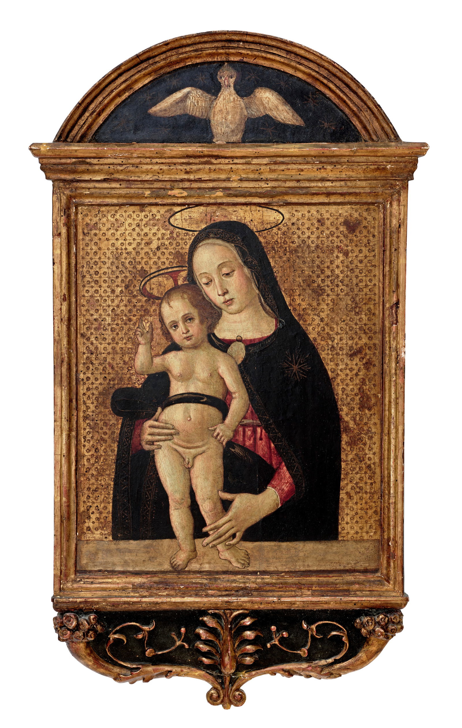 FRANCESCO MELANZIO (MONTEFALCO C. 1465-AFTER 1526) The Madonna and Child, with the Dove of the Holy: Details FRANCESCO MELANZIO (MONTEFALCO C. 1465-AFTER 1526) The Madonna and Child, with the Dove of the Holy Spirit in the lunette oil on panel, in an engaged frame 27 x 15 ¾ in. (69 x 40 cm.) Pro