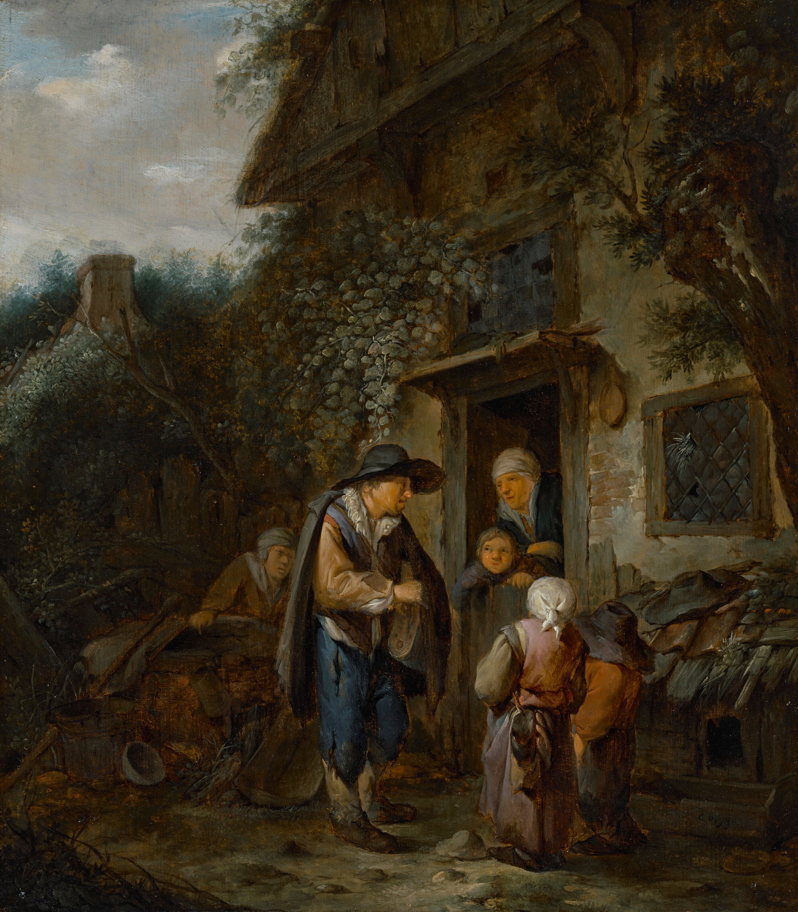 CORNELIS PIETERSZ. BEGA (HAARLEM 1631-1664) A cottage exterior with villagers gathering at a doorway: Details CORNELIS PIETERSZ. BEGA (HAARLEM 1631-1664) A cottage exterior with villagers gathering at a doorway signed 'C Begga' (lower right) oil on panel 15 5⁄8 x 13 5⁄8 in. (39.7 x 34.6 cm