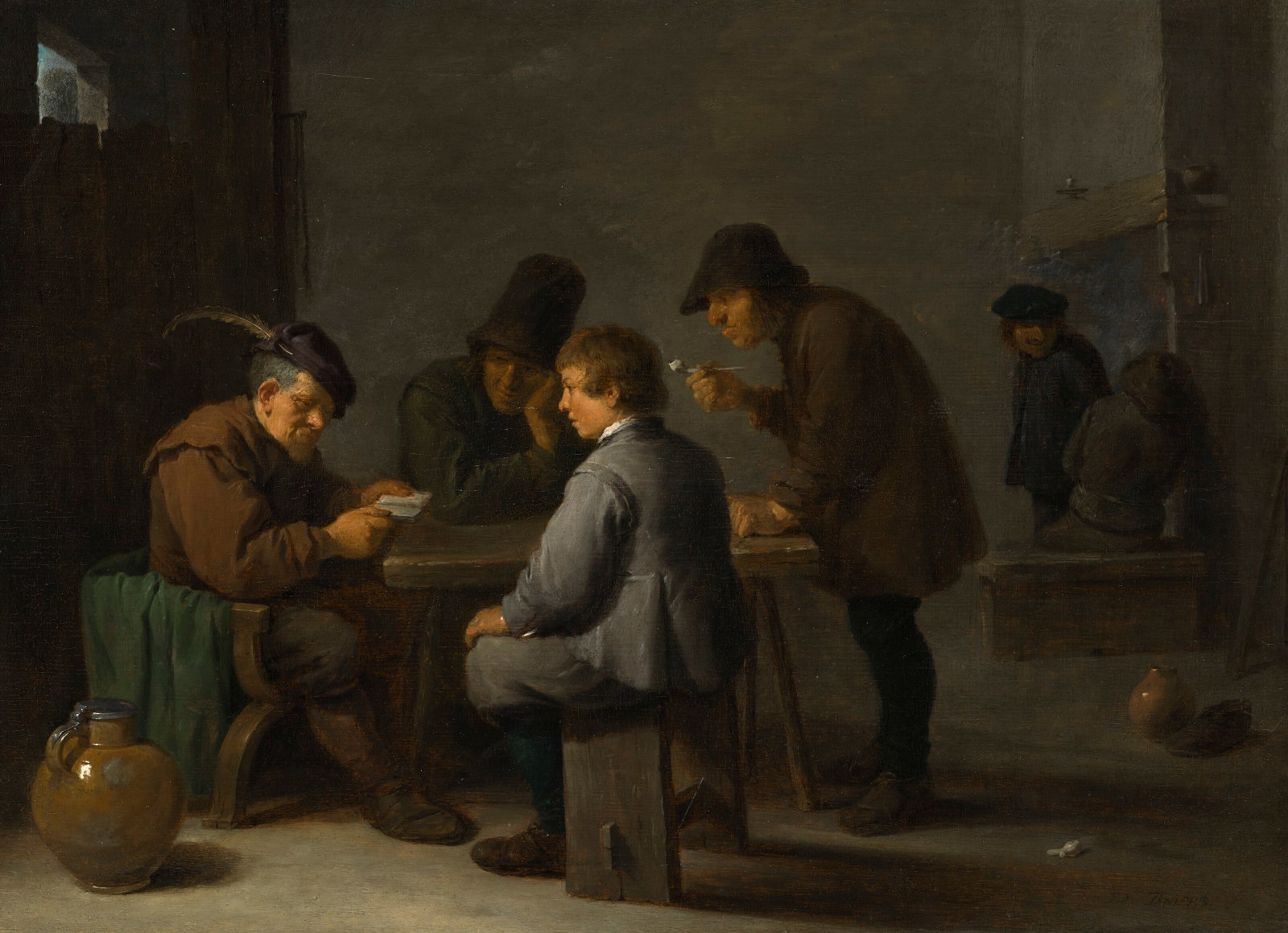 DAVID TENIERS II (ANTWERP 1610-1690 BRUSSELS) A tavern interior with four men playing cards at a: Details DAVID TENIERS II (ANTWERP 1610-1690 BRUSSELS) A tavern interior with four men playing cards at a table, two men warming themselves next to a fireplace beyond signed 'D. TENIERS F' (lower right