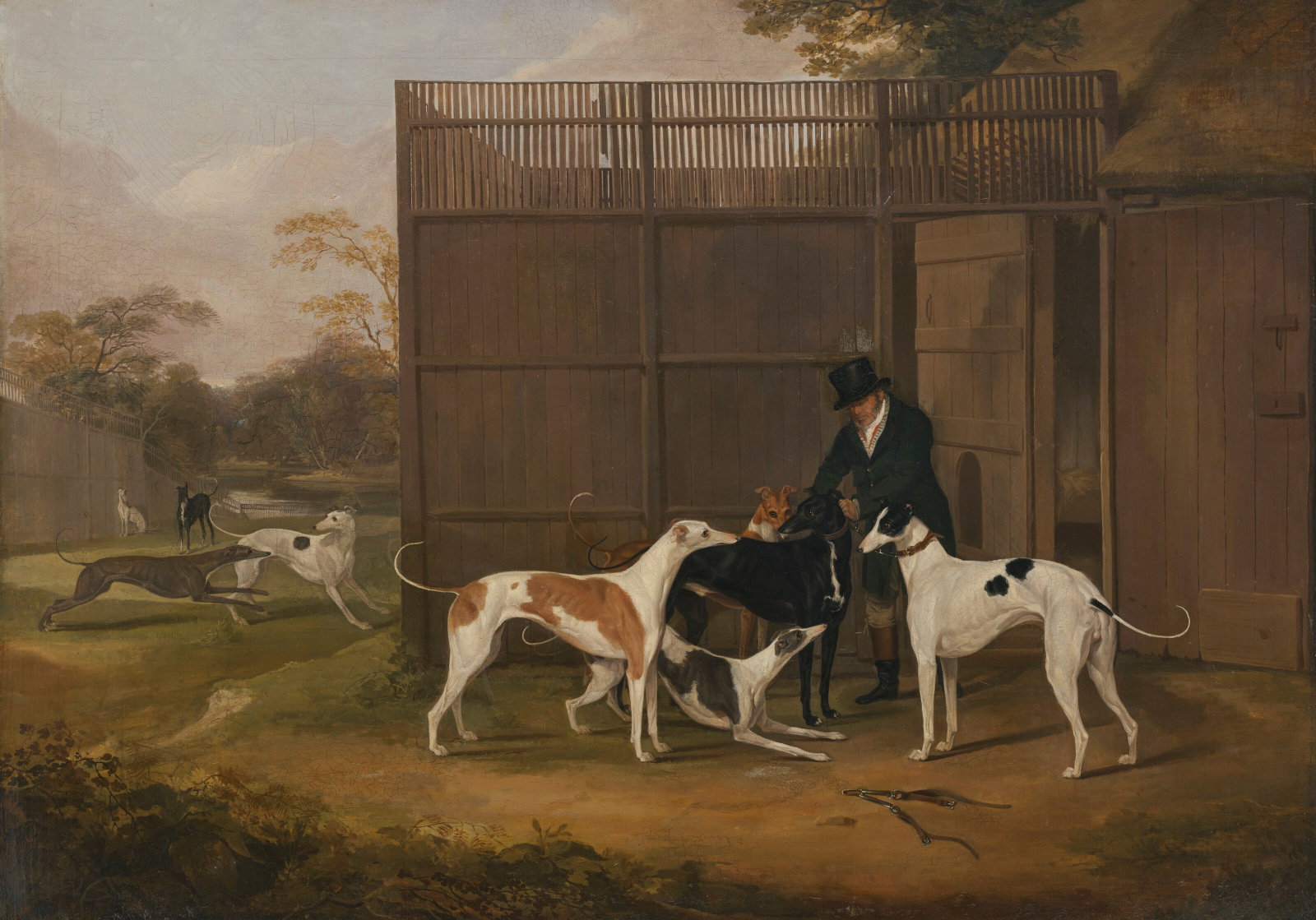 ATTRIBUTED TO JACQUES-LAURENT AGASSE (GENEVA 1767-1849 LONDON) A man with a pack of greyhounds: Details ATTRIBUTED TO JACQUES-LAURENT AGASSE (GENEVA 1767-1849 LONDON) A man with a pack of greyhounds before a kennel, a landscape beyond, traditionally identified as George Pitt (1751-1828), 2nd Bar