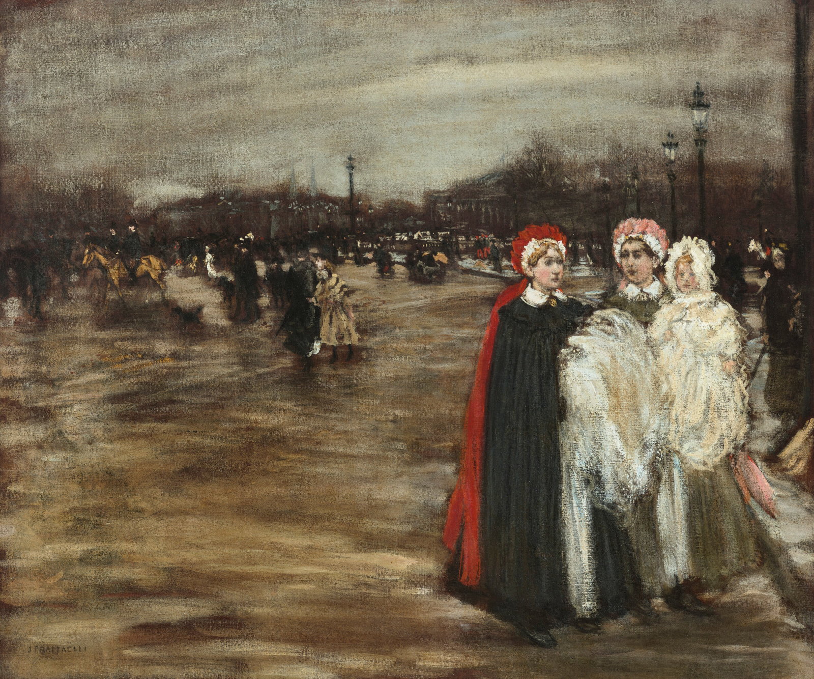JEAN-FRANÇOIS RAFFAËLLI (PARIS 1850-1924) Les nourrices sur la place de la Concorde: Details JEAN-FRANÇOIS RAFFAËLLI (PARIS 1850-1924) Les nourrices sur la place de la Concorde signed 'J F RAFFAËLLI' (lower left) oil on canvas 24 ¾ x 29 ¾ in. (63.5 x 75 cm.) P