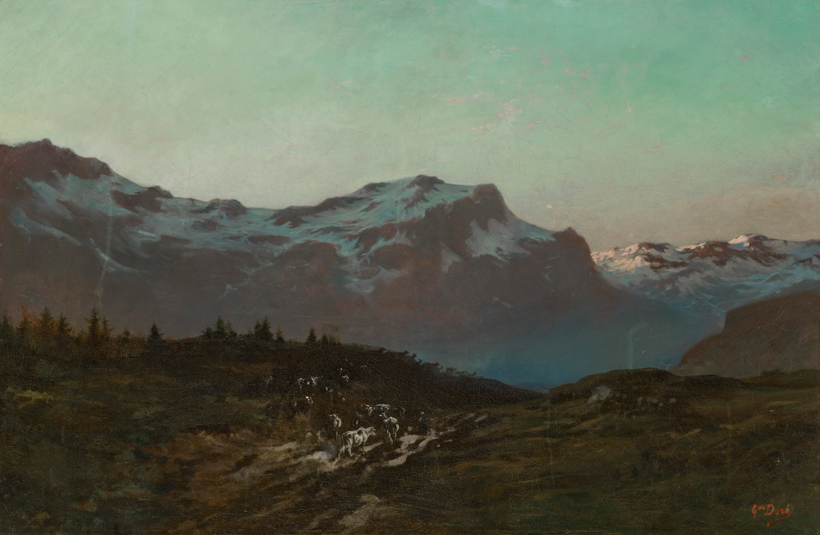 GUSTAVE DORÉ (STRASBOURG 1832-1883 PARIS) Alpenglow, Late Afternoon, Snow-Capped Mountains with (1 of 4)