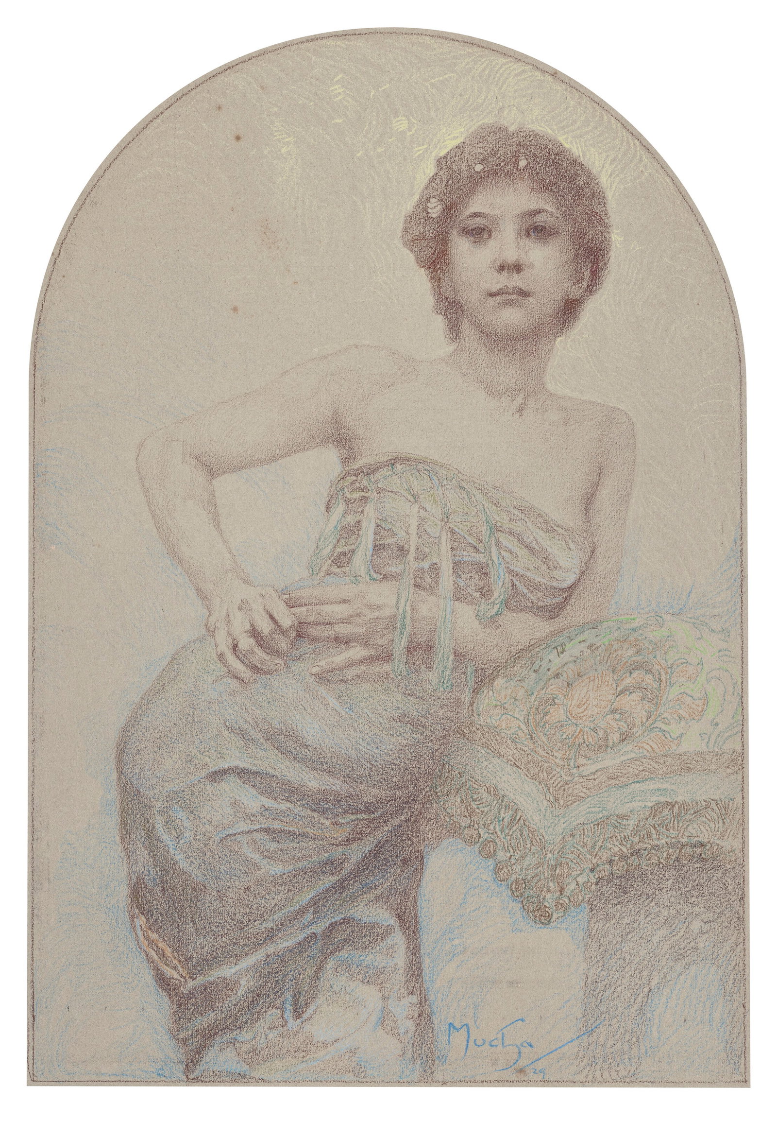 ALPHONSE MUCHA (IVANČICE 1860-1939 PRAGUE) Study for L'Habitation Pratique: Details ALPHONSE MUCHA (IVANČICE 1860-1939 PRAGUE) Study for L'Habitation Pratique signed and dated 'Mucha/29' (lower right) colored chalks on light green paper 23 3⁄8 x 16 3⁄8 in. (5
