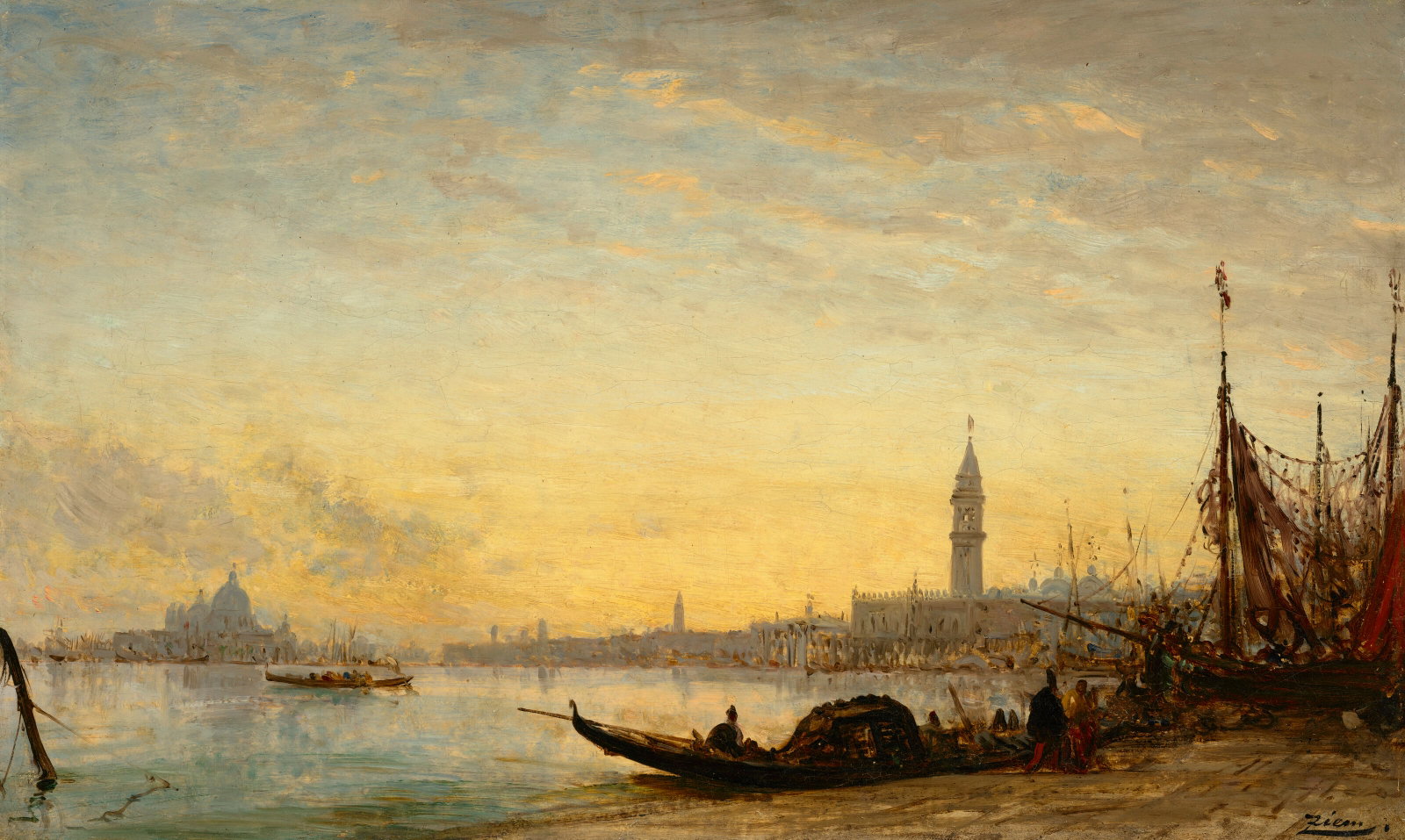FÉLIX ZIEM (BEAUNE 1821-1911 PARIS) Gondole, Quai des esclavons, coucher de soleil: Details FÉLIX ZIEM (BEAUNE 1821-1911 PARIS) Gondole, Quai des esclavons, coucher de soleil signed 'Ziem.' (lower right) oil on board 16 ¼ x 27 in. (41.3 x 68.6 cm.) Provenance w