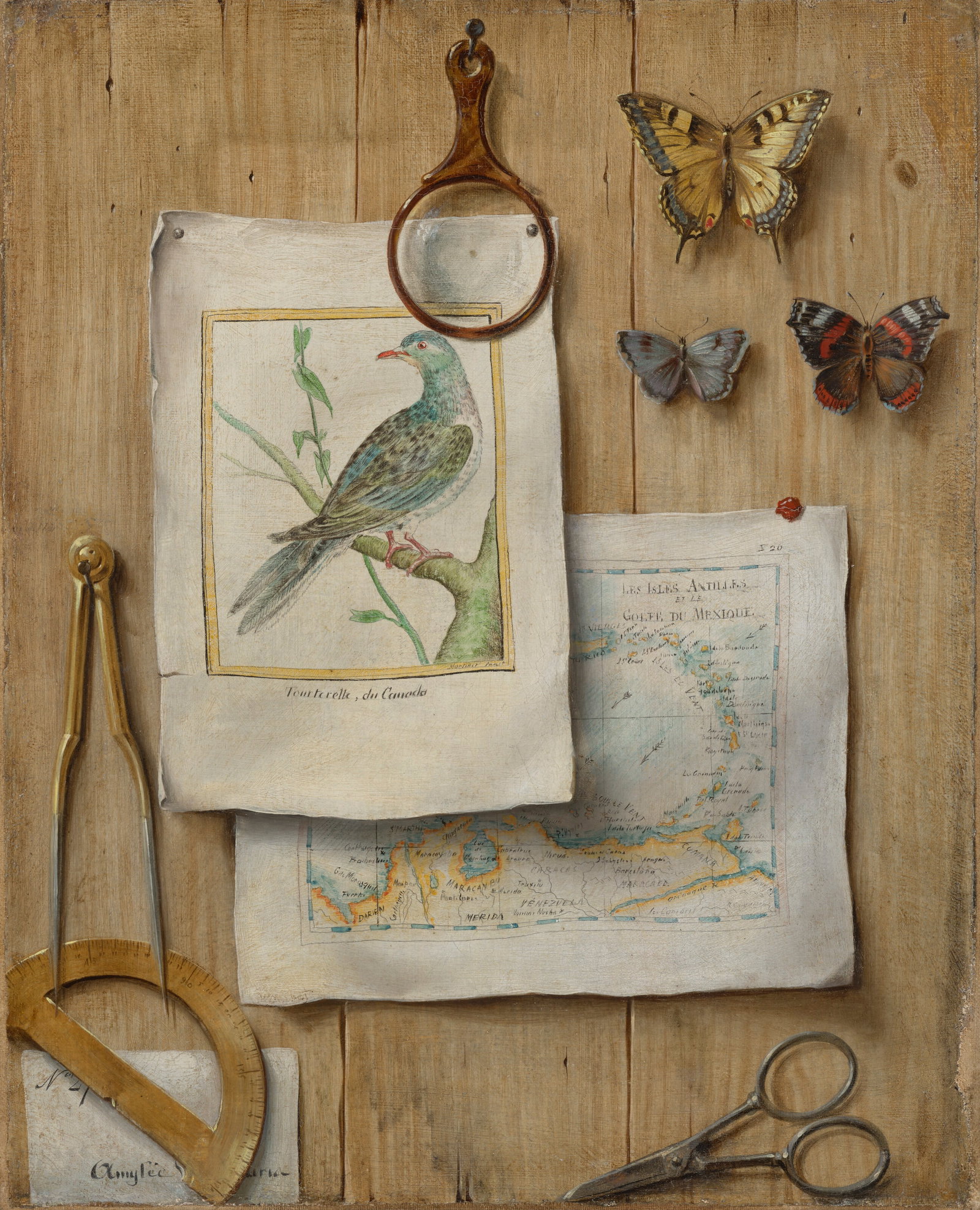 J. BARBAT (ACTIVE IN FRANCE?, LATE 18TH CENTURY) A trompe l'oeil with a magnifying glass, a: Details J. BARBAT (ACTIVE IN FRANCE?, LATE 18TH CENTURY) A trompe l'oeil with a magnifying glass, a Swallowtail, a hairstreaks and a red admiral butterfly, cartographic instruments, a hand-colored eng