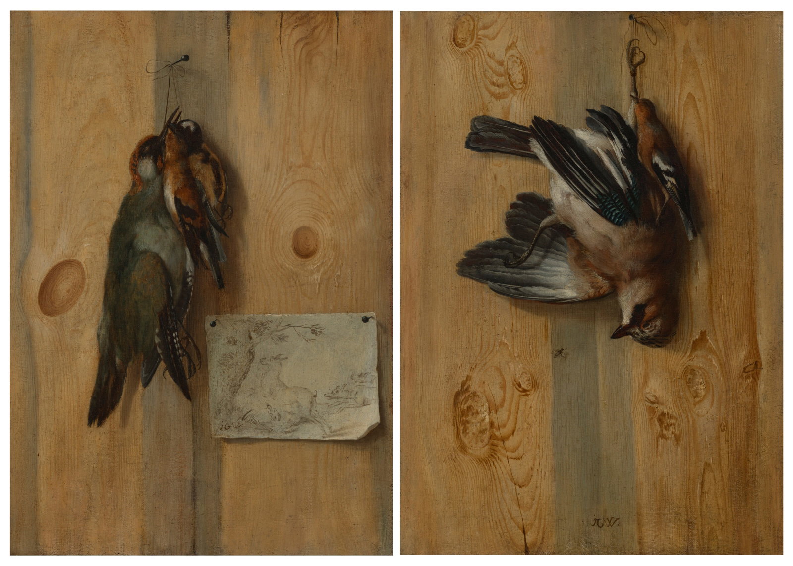 JOHANN GEORG WAXSCHLUNGER (D. 1737 BAMBERG) A trompe l'oeil of a green woodpecker and two birds held (1 of 4)