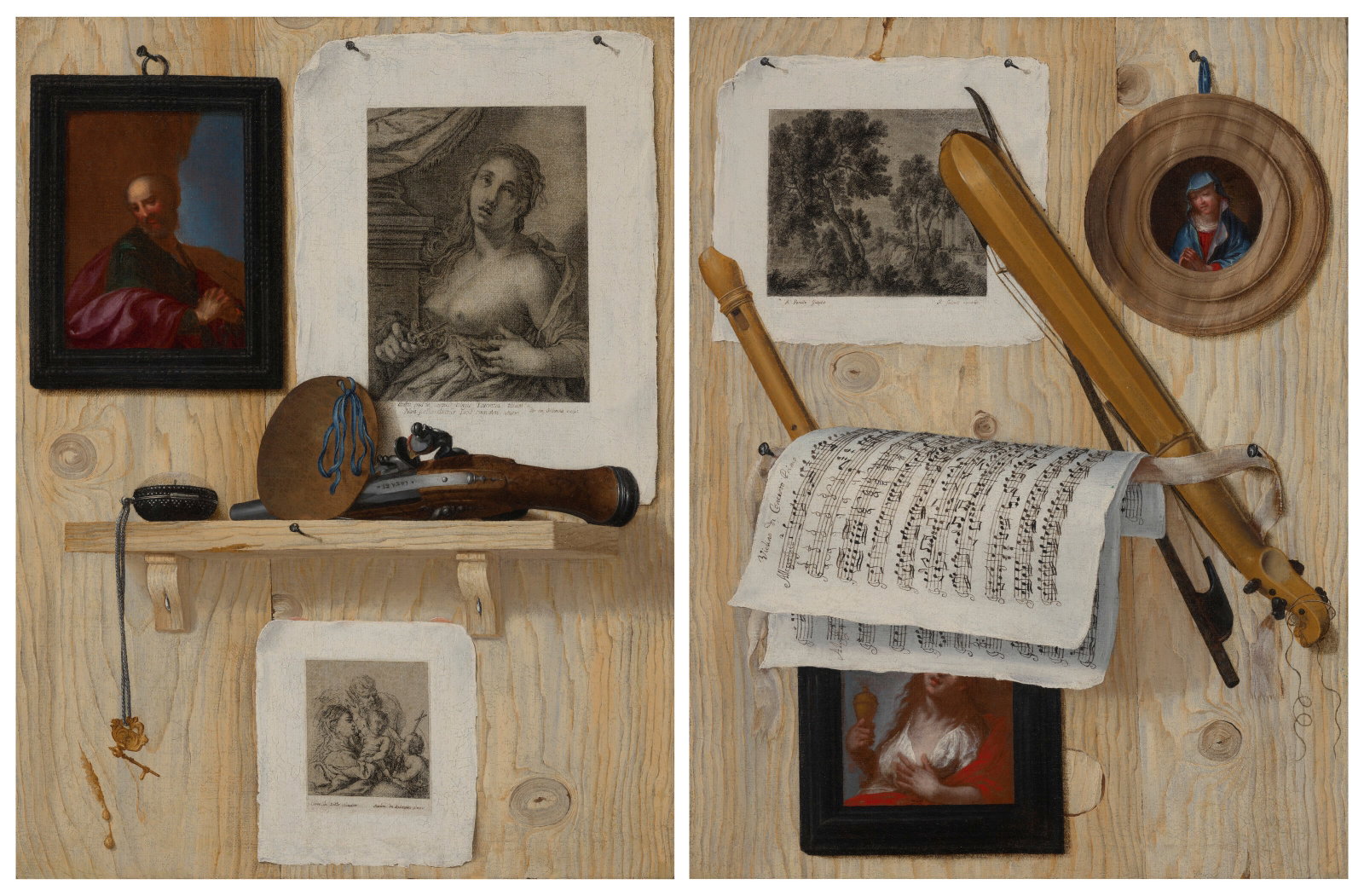 ITALIAN SCHOOL, 18TH CENTURY A trompe l'oeil with a pistol, clock and painter's palette on a shelf,: Details ITALIAN SCHOOL, 18TH CENTURY A trompe l'oeil with a pistol, clock and painter's palette on a shelf, with a print after Hans von Aachen's Death of Lucretia, Cornelis Schut's print of The Holy F