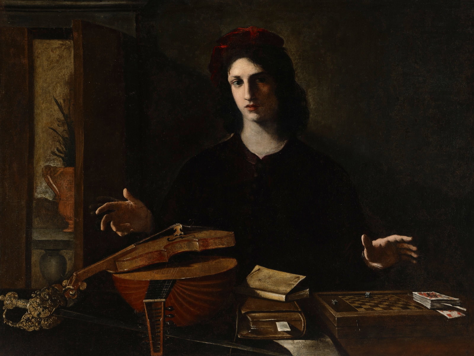 PIETRO PAOLINI, CALLED IL LUCCHESE (LUCCA 1603-1681) A young man with musical instruments and a: Details PIETRO PAOLINI, CALLED IL LUCCHESE (LUCCA 1603-1681) A young man with musical instruments and a games board with dice and cards oil on canvas 41 ¾ x 55 ½ in. (106 x 141 cm.) Provenan