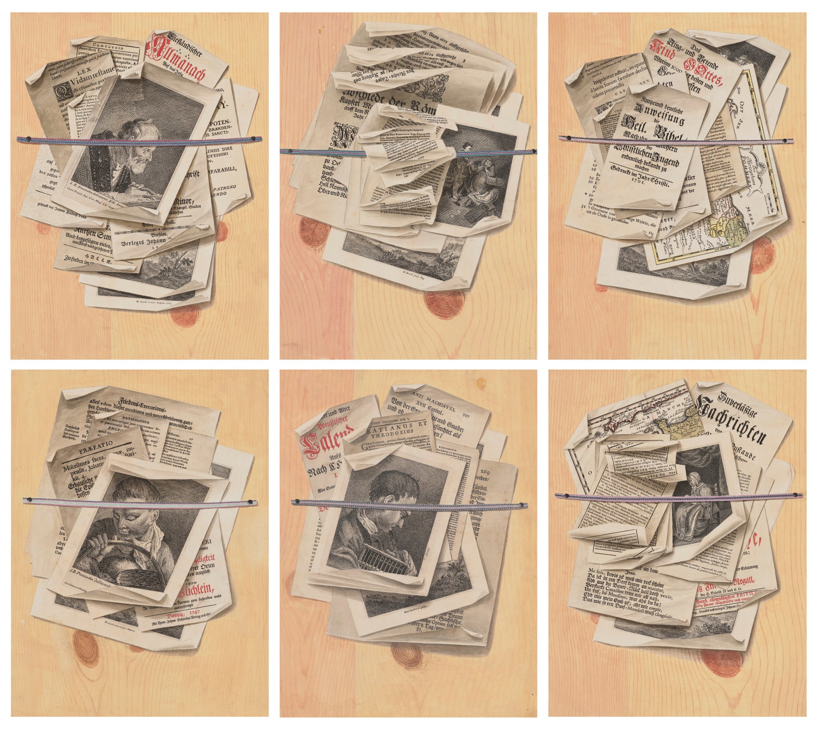 MARTIN CERULLI (AMT LEHESTEN 1715-AFTER 1765 ?) Six trompe l'oeil letter boards with prints, maps,: Details MARTIN CERULLI (AMT LEHESTEN 1715-AFTER 1765 ?) Six trompe l'oeil letter boards with prints, maps, pamphlets and other printed sheets, affixed to wooden boards with cotton ribbons four are var
