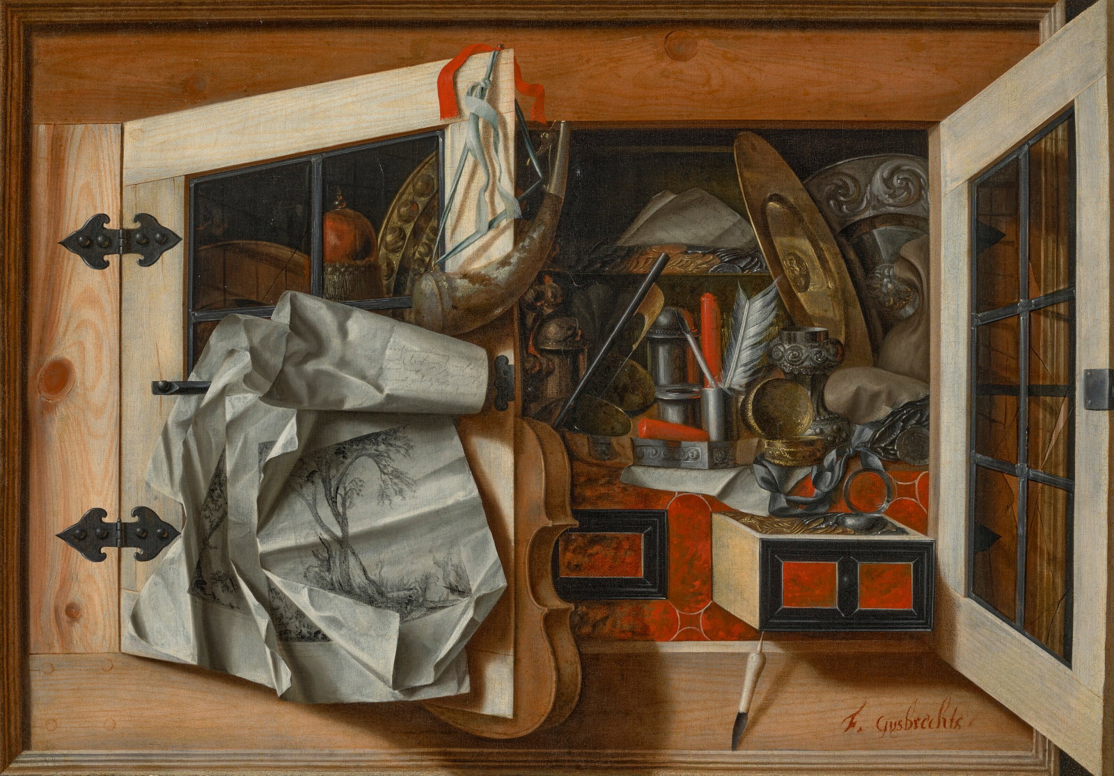 FRANCISCUS GYSBRECHTS (ANTWERP 1649-AFTER 1677) A trompe l'oeil of a wall cabinet with a violin, a: Details FRANCISCUS GYSBRECHTS (ANTWERP 1649-AFTER 1677) A trompe l'oeil of a wall cabinet with a violin, a hunting horn, writing implements, silver-gilt dishes and drawings, with the glass-paneled doo
