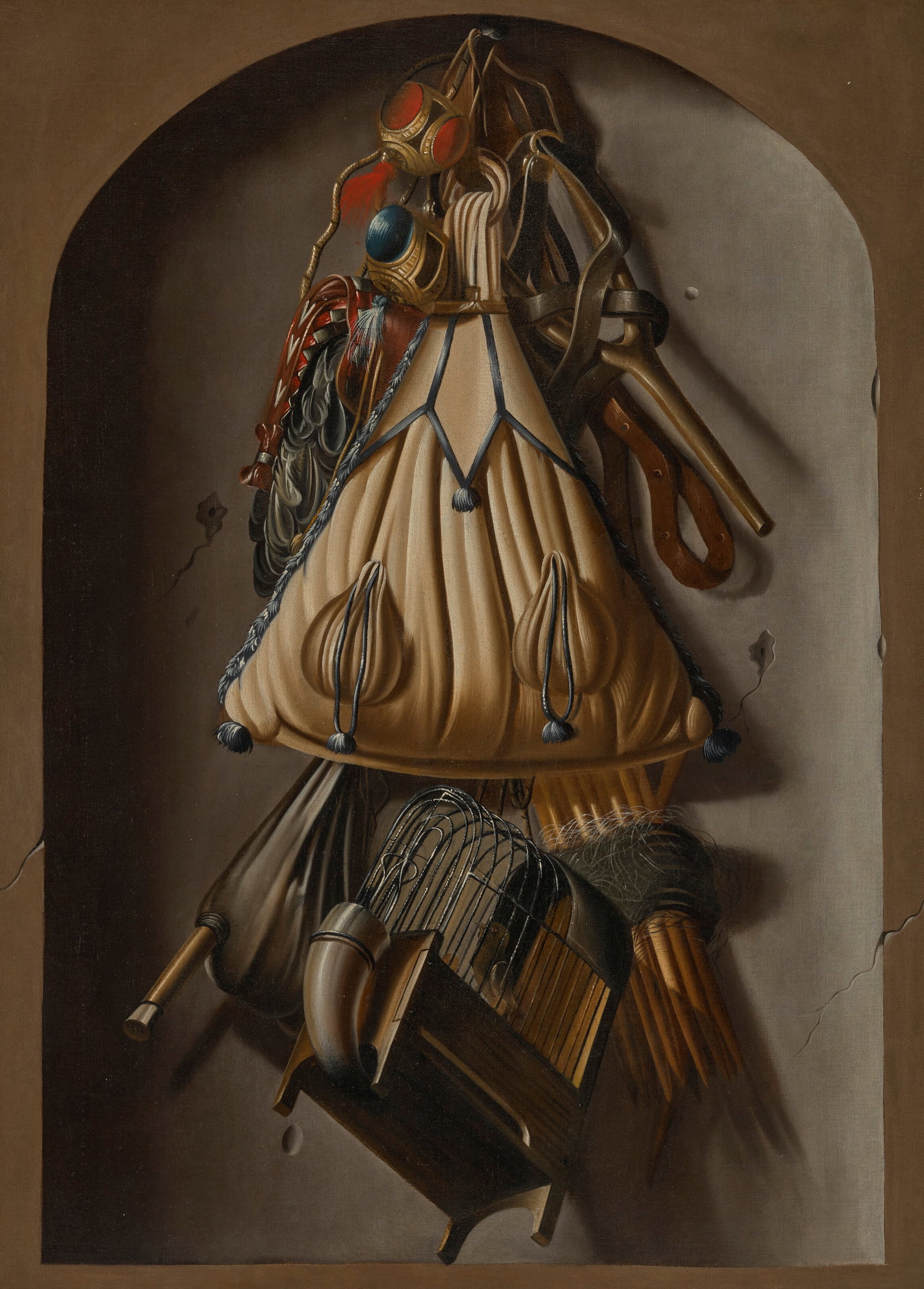 ANTHONIE LEEMANS (THE HAGUE 1631-1671 DORDRECHT) A trompe l’oeil with a bird cage and falconry: Details ANTHONIE LEEMANS (THE HAGUE 1631-1671 DORDRECHT) A trompe l’oeil with a bird cage and falconry equipment hanging in a niche oil on canvas 37 7⁄8 x 27 ¾ in. (96.2 x 70.5 cm.) P