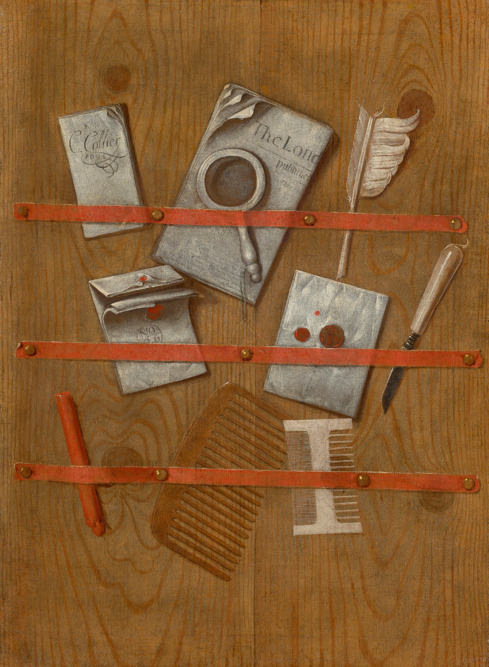 EDWAERT COLLIER (BREDA 1642-1708 LONDON) A trompe l'oeil of a newspaper, letters, sealing wax, a: Details EDWAERT COLLIER (BREDA 1642-1708 LONDON) A trompe l'oeil of a newspaper, letters, sealing wax, a quill, a magnifying glass, a knife and two combs signed and dated 'E. Collier / 1694' (upper le