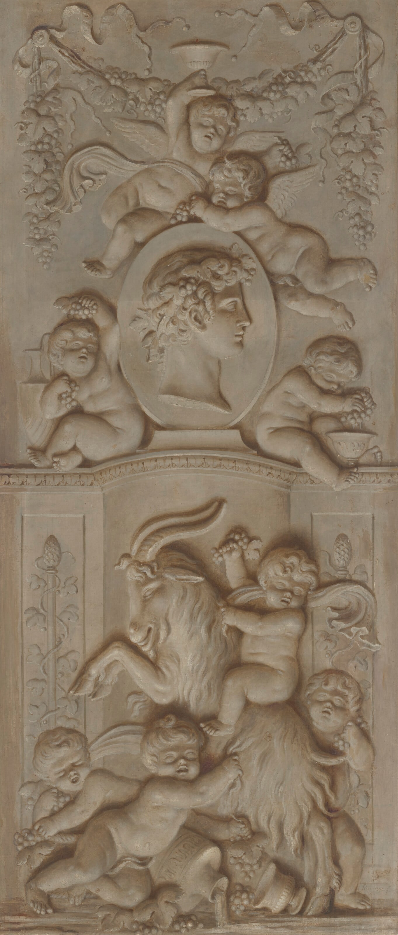 PIAT JOSEPH SAUVAGE (TOURNAI 1744-1818) A trompe l'oeil bas-relief with Bacchic Putti and a: Details PIAT JOSEPH SAUVAGE (TOURNAI 1744-1818) A trompe l'oeil bas-relief with Bacchic Putti and a classical Medallion (possibly of Bacchus) signed and dated `Sauvage F’ (lower right) oil on ca