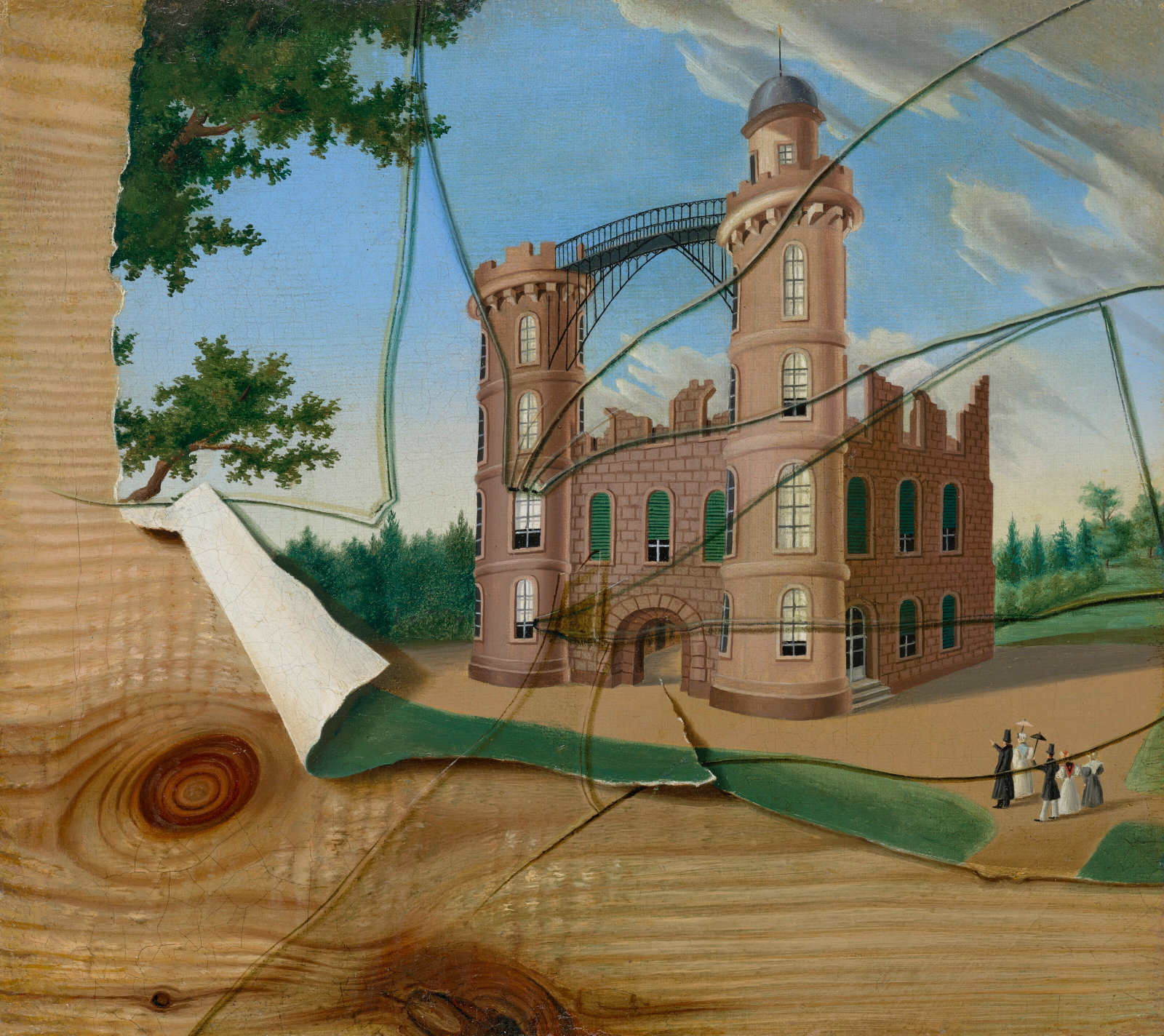 GERMAN SCHOOL, CIRCA 1820 A trompe l'oeil of Pfaueninsel Palace on Peacock Isle with figures behind: Details GERMAN SCHOOL, CIRCA 1820 A trompe l'oeil of Pfaueninsel Palace on Peacock Isle with figures behind a shattered pane of glass oil on canvas 10 1⁄8 x 11 ¼ in. (25.8 x 28.7 cm.) Prove