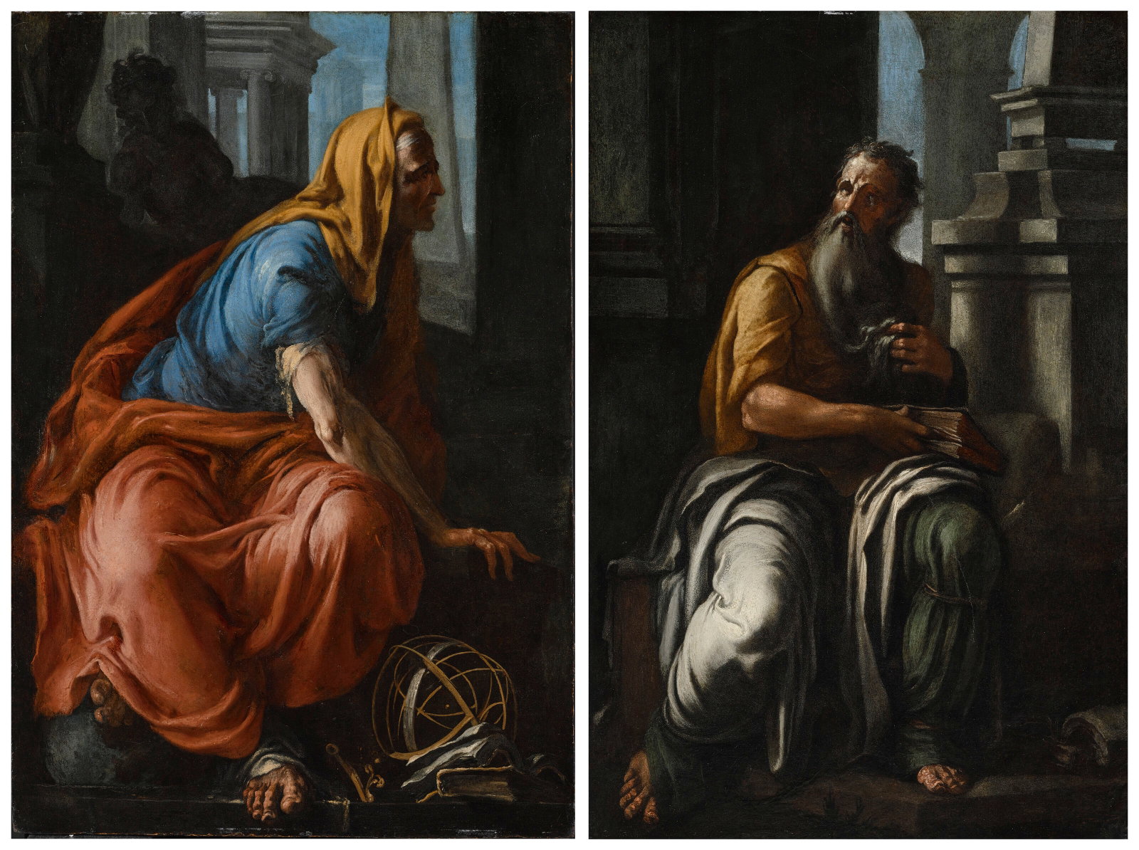 ROMAN SCHOOL, EARLY 17TH CENTURY Two seated male figures personifying Astronomy and Philosophy (1 of 4)