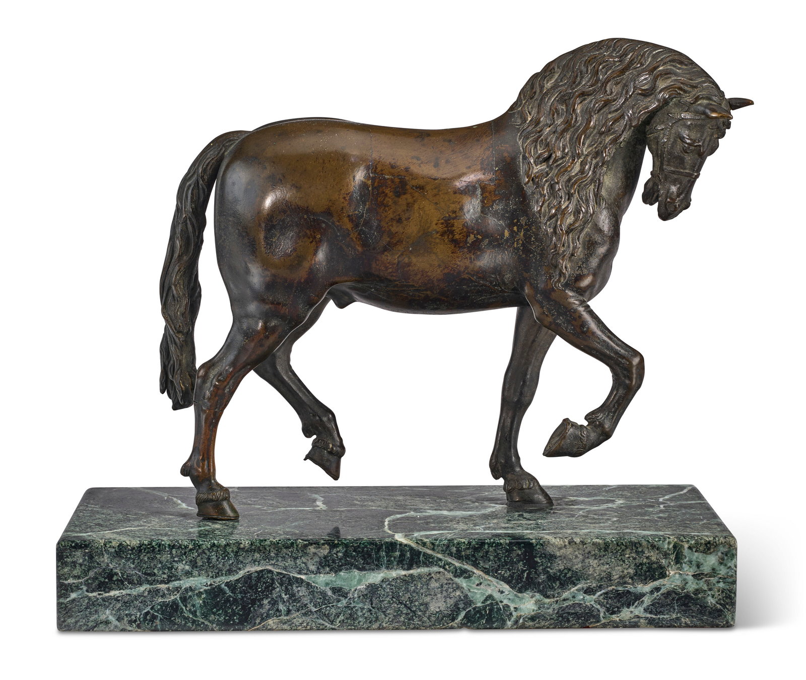 FRANCESCO FANELLI (1590-1653), ANGLO-ITALIAN, 17TH CENTURY A BRONZE MODEL OF A PACING HORSE: Details FRANCESCO FANELLI (1590-1653), ANGLO-ITALIAN, 17TH CENTURY A BRONZE MODEL OF A PACING HORSE On green mottled marble base bronze 8 ¾ in. (22 cm.) high, 11 ½ in. (29.2 cm.) wide, 10 &#