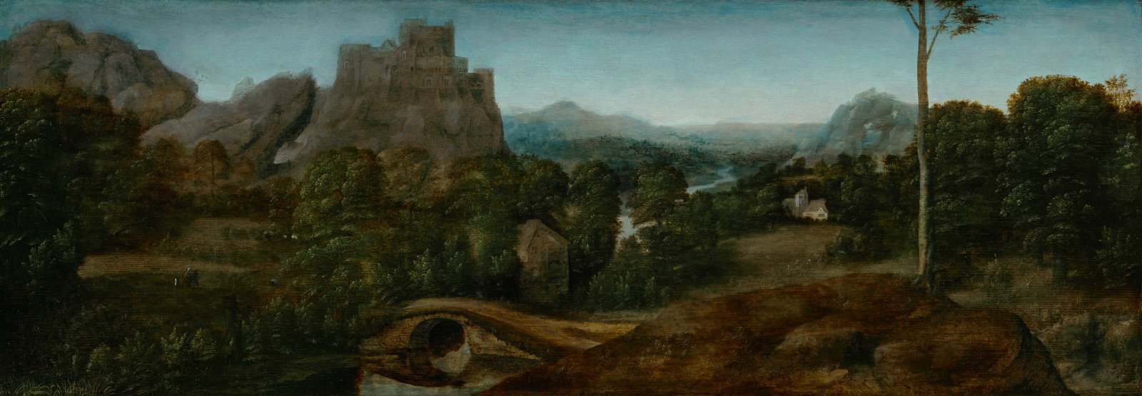 WORKSHOP OF JOACHIM PATINIR (?DINANT OR BOUVIGNES C. 1480-1524 ANTWERP) A mountainous river: Details WORKSHOP OF JOACHIM PATINIR (?DINANT OR BOUVIGNES C. 1480-1524 ANTWERP) A mountainous river landscape with a fortress on a rocky outcrop and a bridge oil on panel 13 2⁄5 x 38 in. (34.2 x
