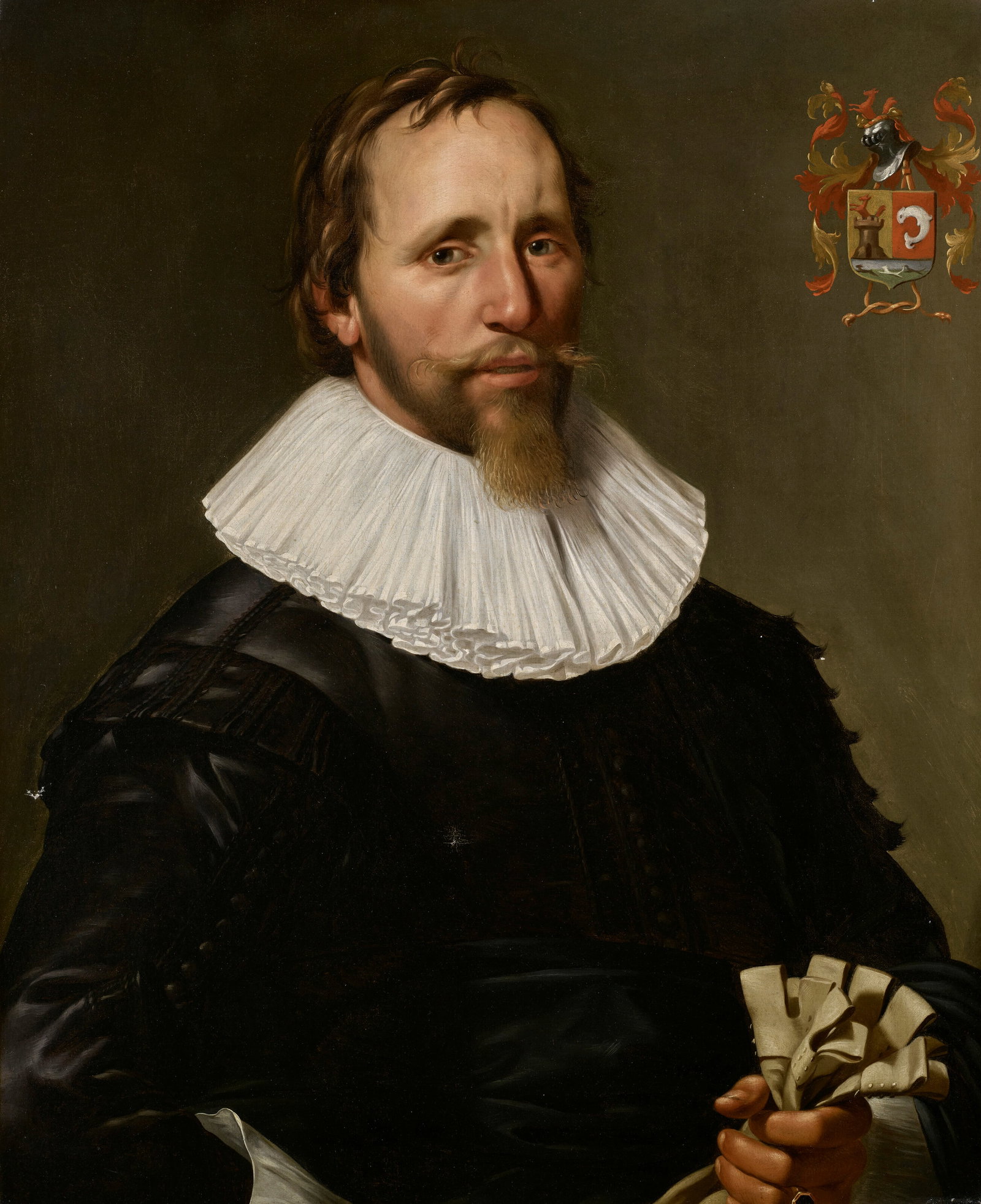 CIRCLE OF PETER WTEWAEL (Utrecht 1596-1660) Portrait of a man, half-length, in a black doublet and a: Details CIRCLE OF PETER WTEWAEL (Utrecht 1596-1660) Portrait of a man, half-length, in a black doublet and a white ruff, holding a pair of leather gloves oil on canvas 28 7⁄8 x 23 5⁄8 in. 