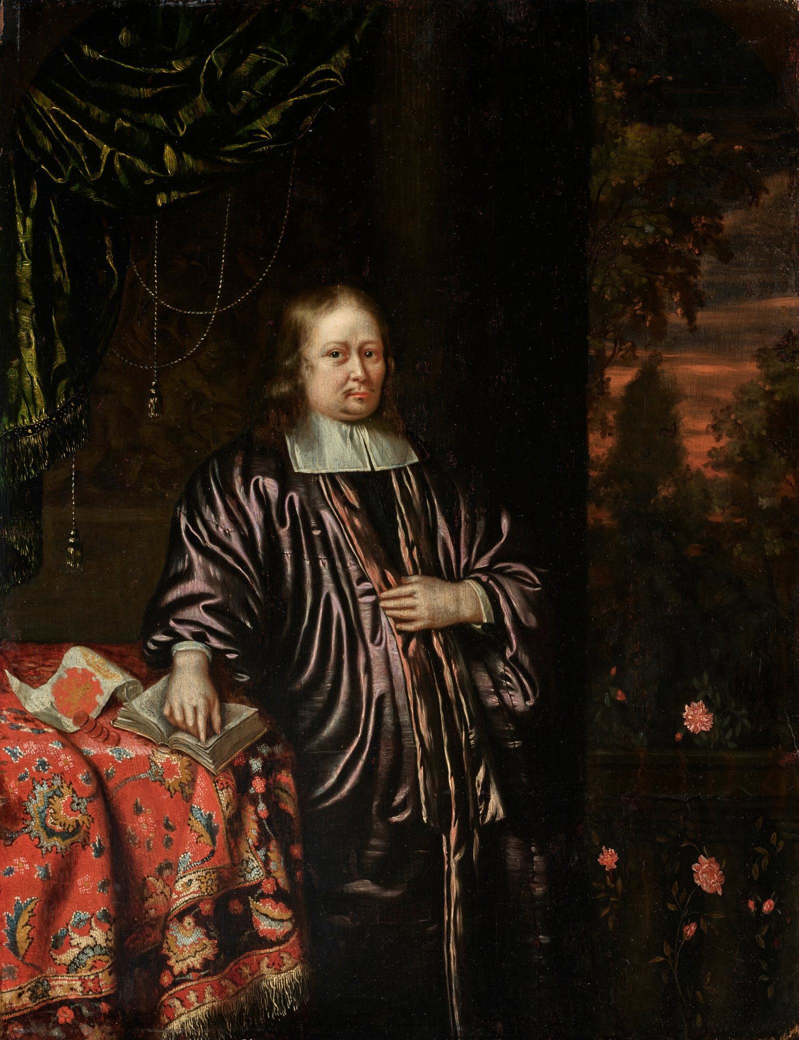 ALEIJDA WOLFSEN (ZWOLLE 1648-1692) Portrait of a gentleman, three-quarter-length, in purple robes,: Details ALEIJDA WOLFSEN (ZWOLLE 1648-1692) Portrait of a gentleman, three-quarter-length, in purple robes, his right hand resting on an open book on a draped table, with a green curtain and a garden t