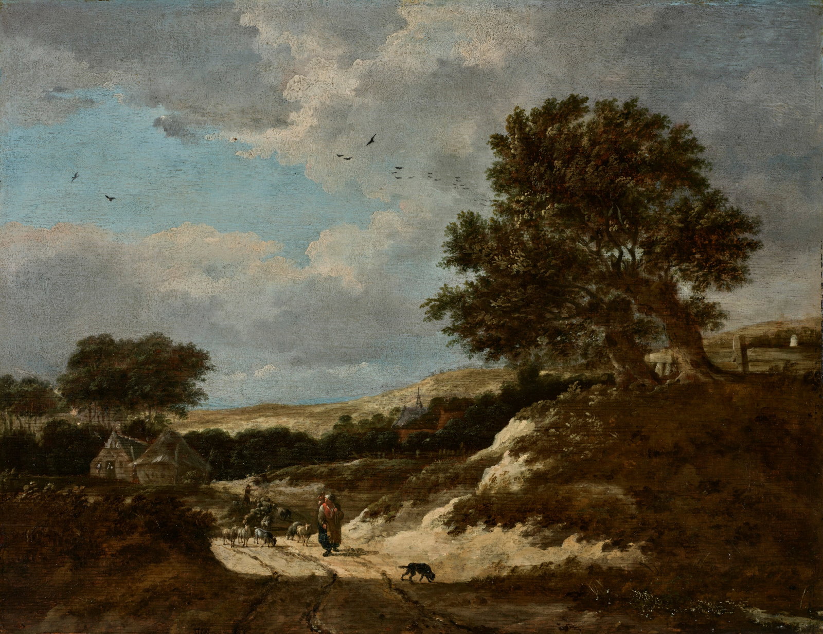 JAN WOUWERMAN (HAARLEM 1629-1666) A dune landscape with figures, sheep and a goat on a path, with: Details JAN WOUWERMAN (HAARLEM 1629-1666) A dune landscape with figures, sheep and a goat on a path, with buildings beyond signed with initials '.JW' (lower left) oil on panel 12 3⁄8 x 16 ½
