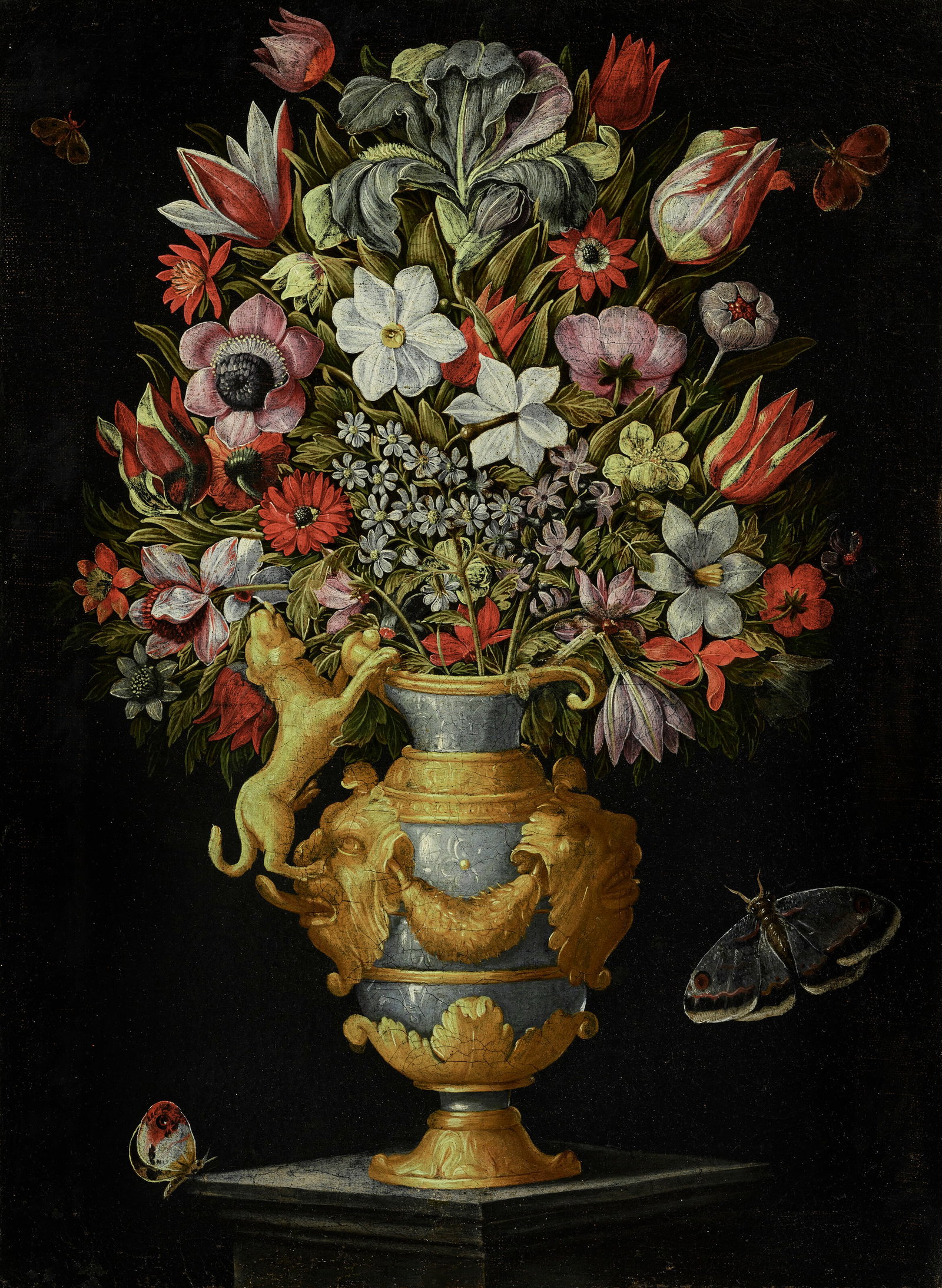 THE MASTER OF THE GROTESQUE VASES (ITALY 17TH CENTURY) Still life with flowers in a silver and: Details THE MASTER OF THE GROTESQUE VASES (ITALY 17TH CENTURY) Still life with flowers in a silver and parcel-gilt vase on a pedestal with two moths oil on canvas 28 5⁄8 x 21 1⁄8 in. (72.7
