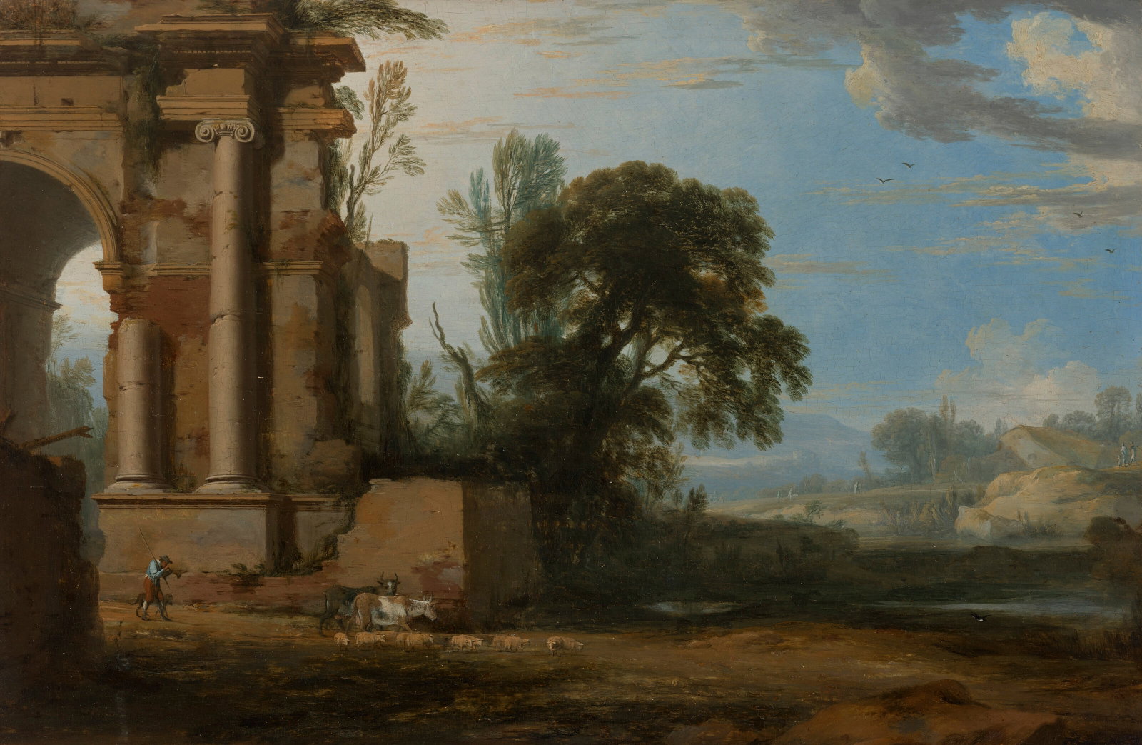 PIERRE PATEL (PICARDY C. 1605-1676 PARIS) A landscape with a ruined archway and a shepherd leading: Details PIERRE PATEL (PICARDY C. 1605-1676 PARIS) A landscape with a ruined archway and a shepherd leading cows and sheep in the foreground oil on panel 10 x 15 1⁄8 in. (25.4 x 38.4 cm.) Provena