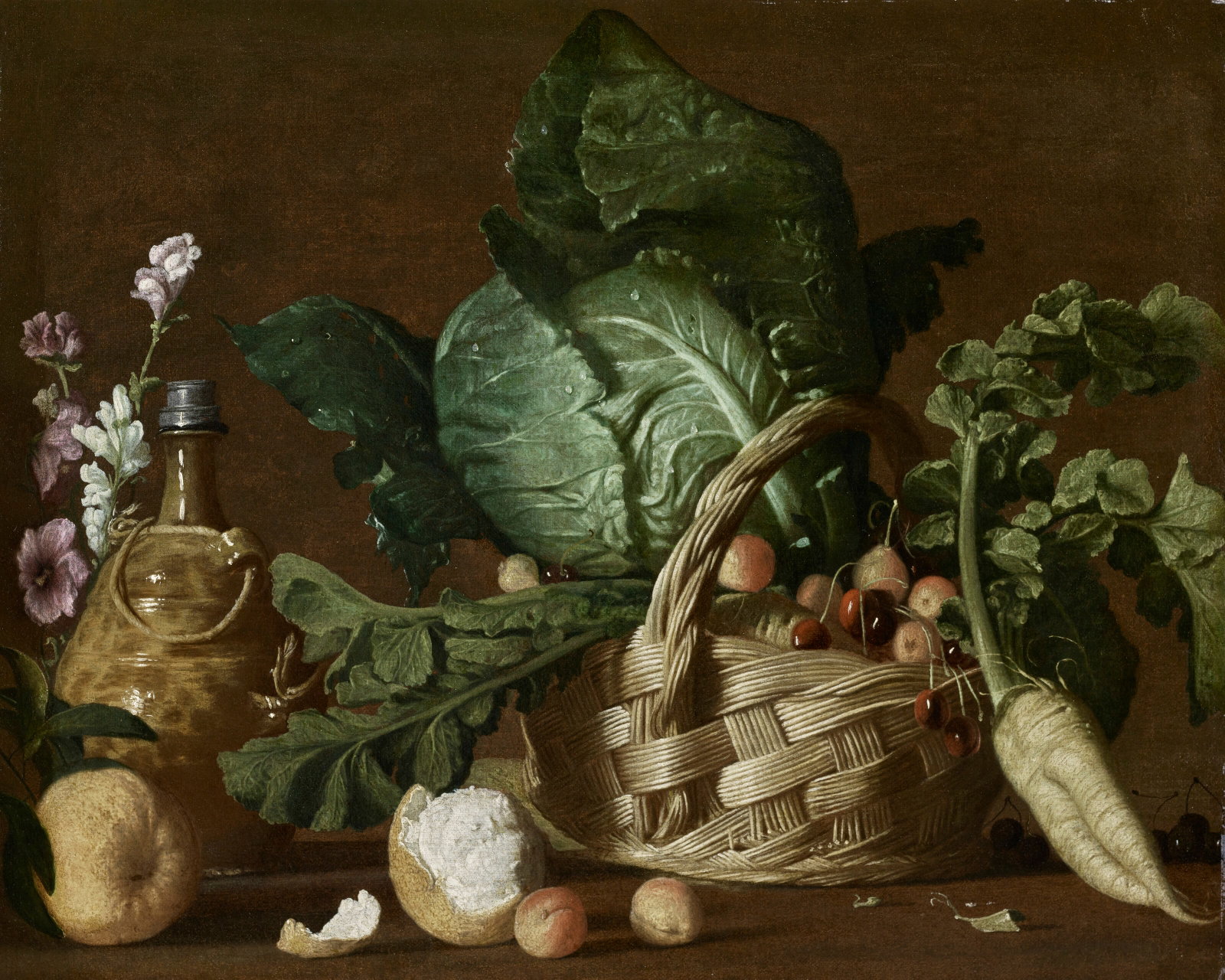 ATTRIBUTED TO BERNARDO STROZZI (GENOA 1581-1644 VENICE) A wicker basket holding cherries, parsnips, (1 of 4)